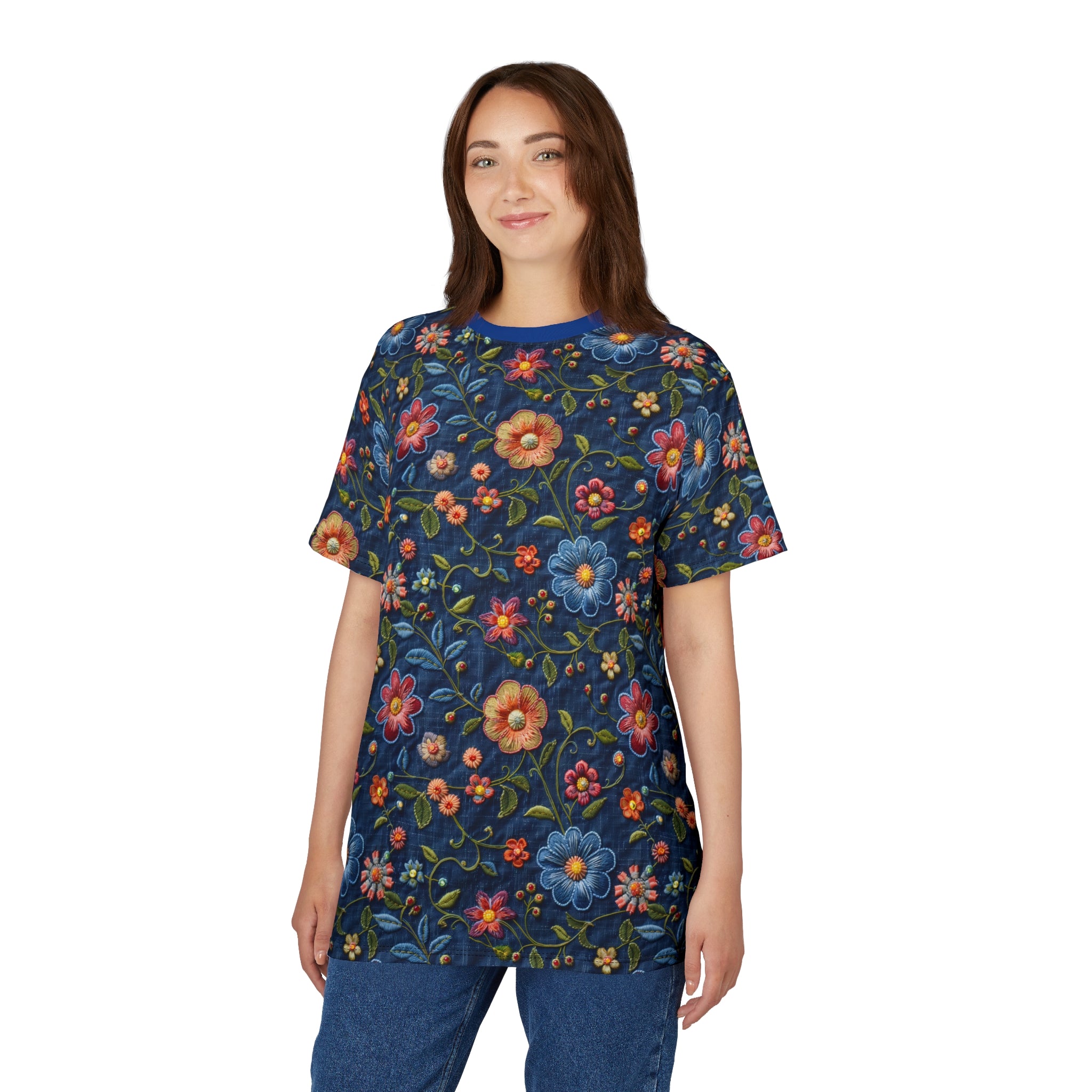 Woman wearing a blue floral-patterned shirt on a white background