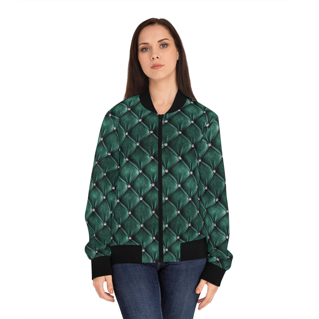 Model wearing a green faux tufted bomber jacket on a white background.