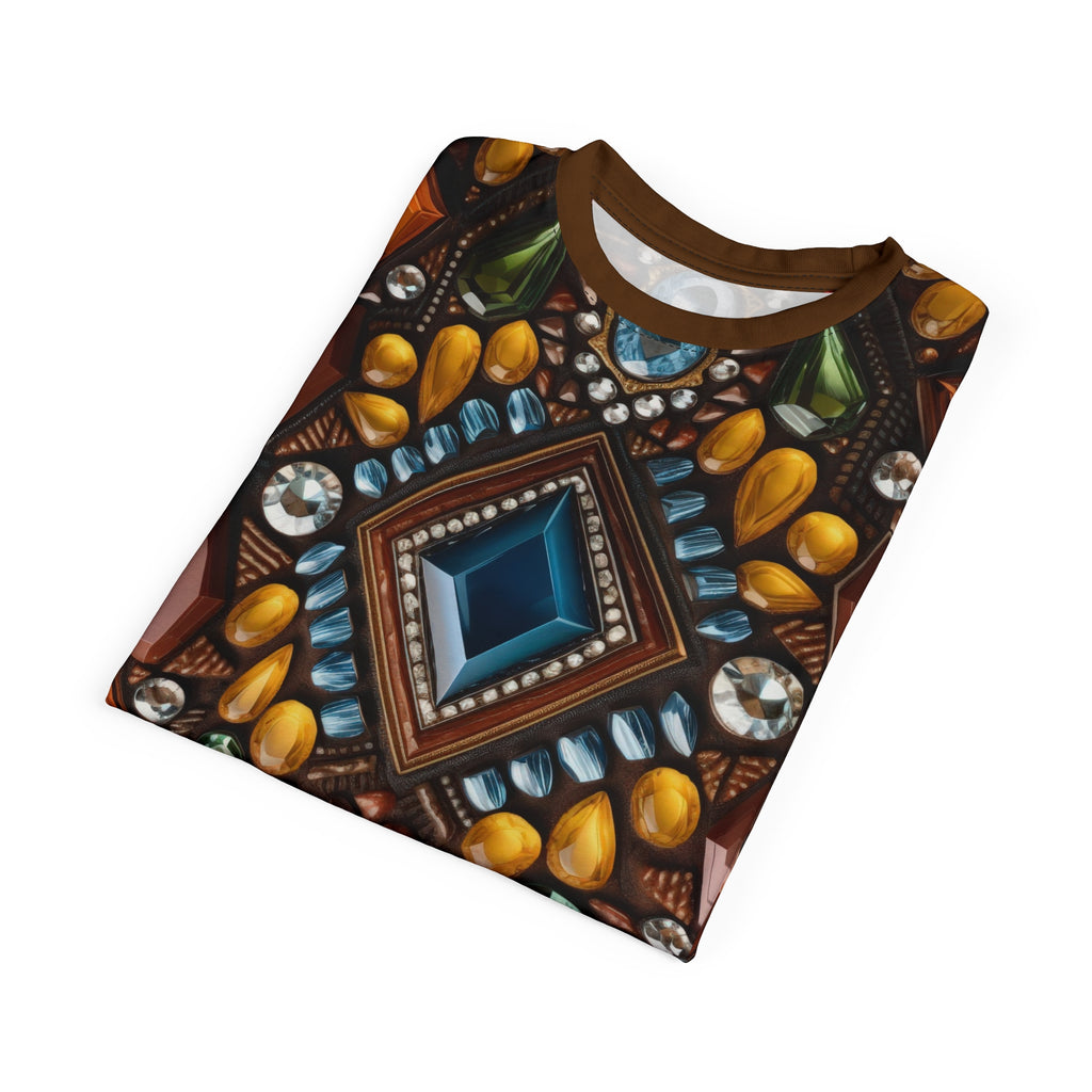 Folded Faux jewel toned t-shirt on white background.