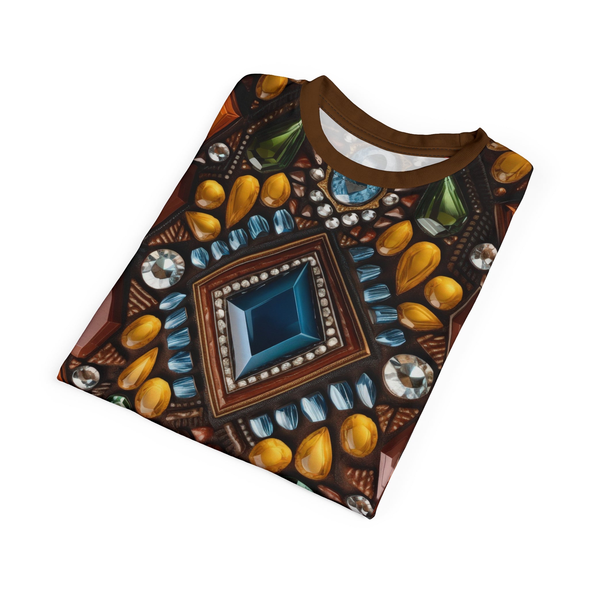 Folded Faux jewel toned t-shirt on white background.