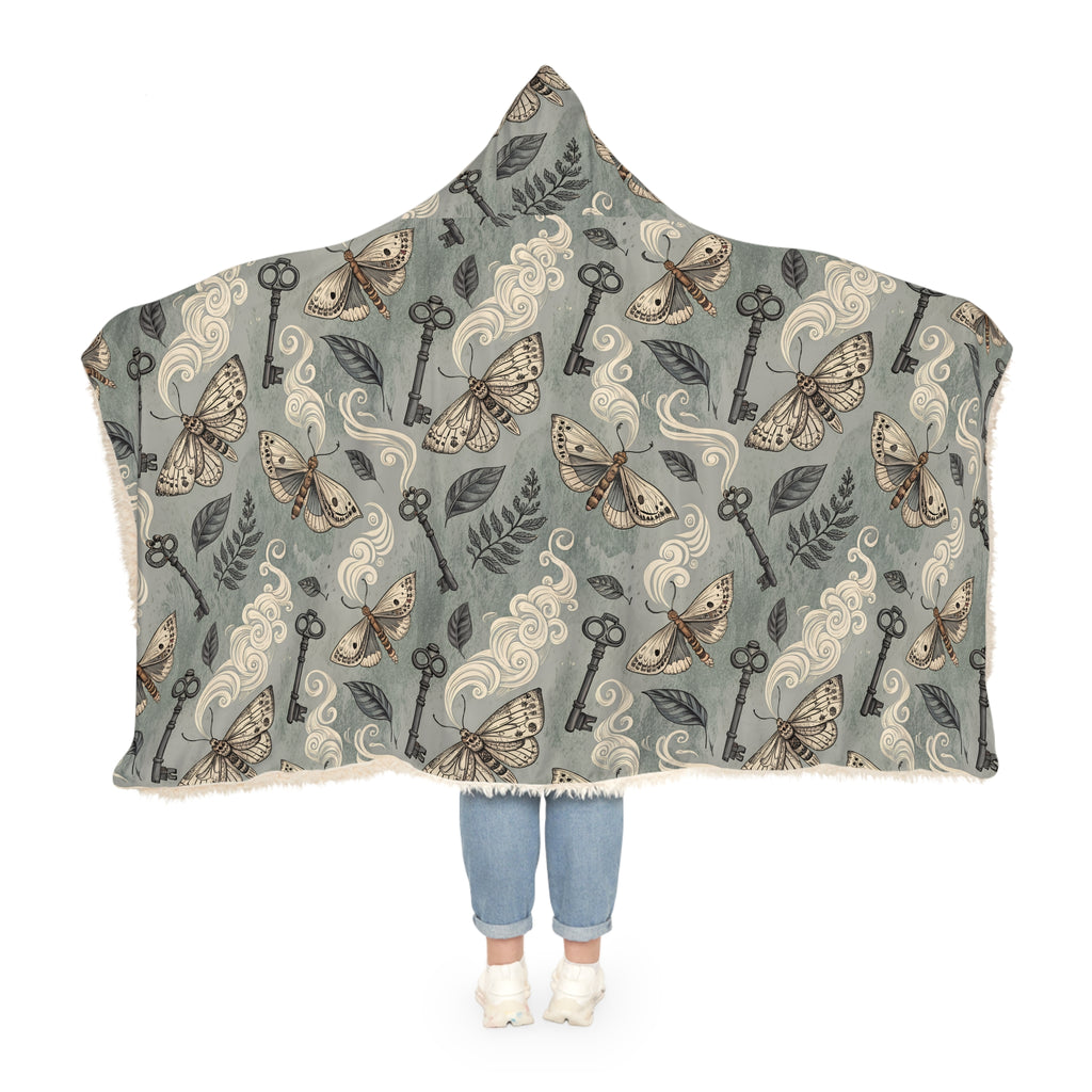 Hooded blanket with moth and key pattern on a white background