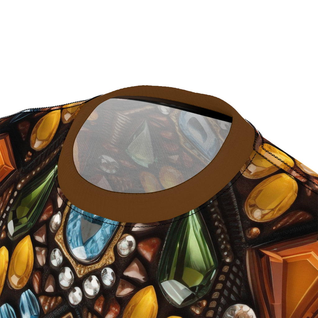 Collar of Faux jewel toned t-shirt on white background.