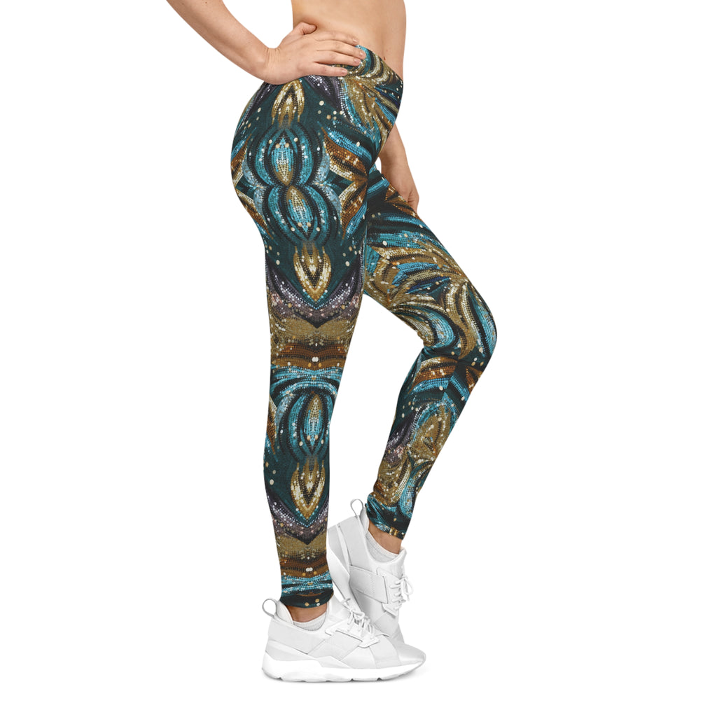 Leggings with a colorful pattern worn by a person on a white background