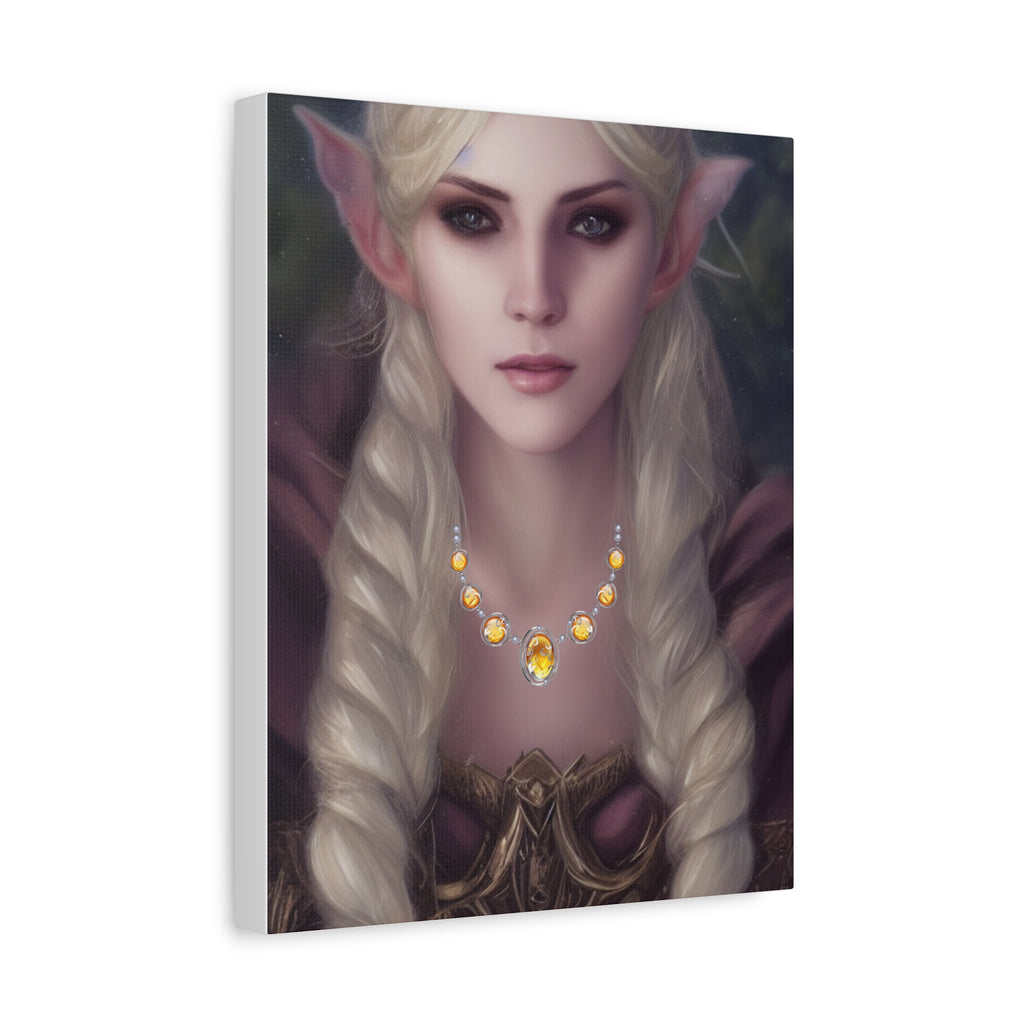 Elvish character with long blonde hair and pointed ears wearing a necklace with yellow Topaz stones.