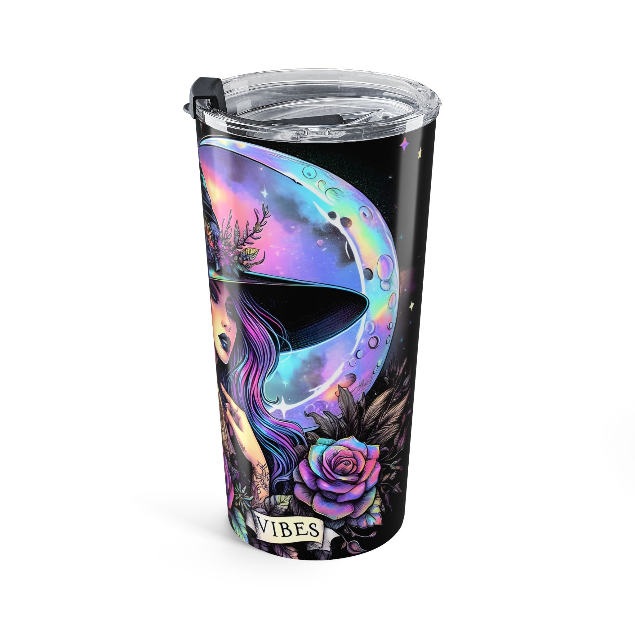 Tumbler with a witch design featuring flowers on a black background