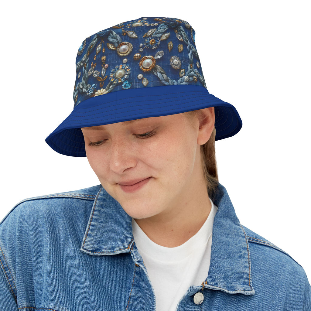 Blue Embellished Pattern Bucket Hat