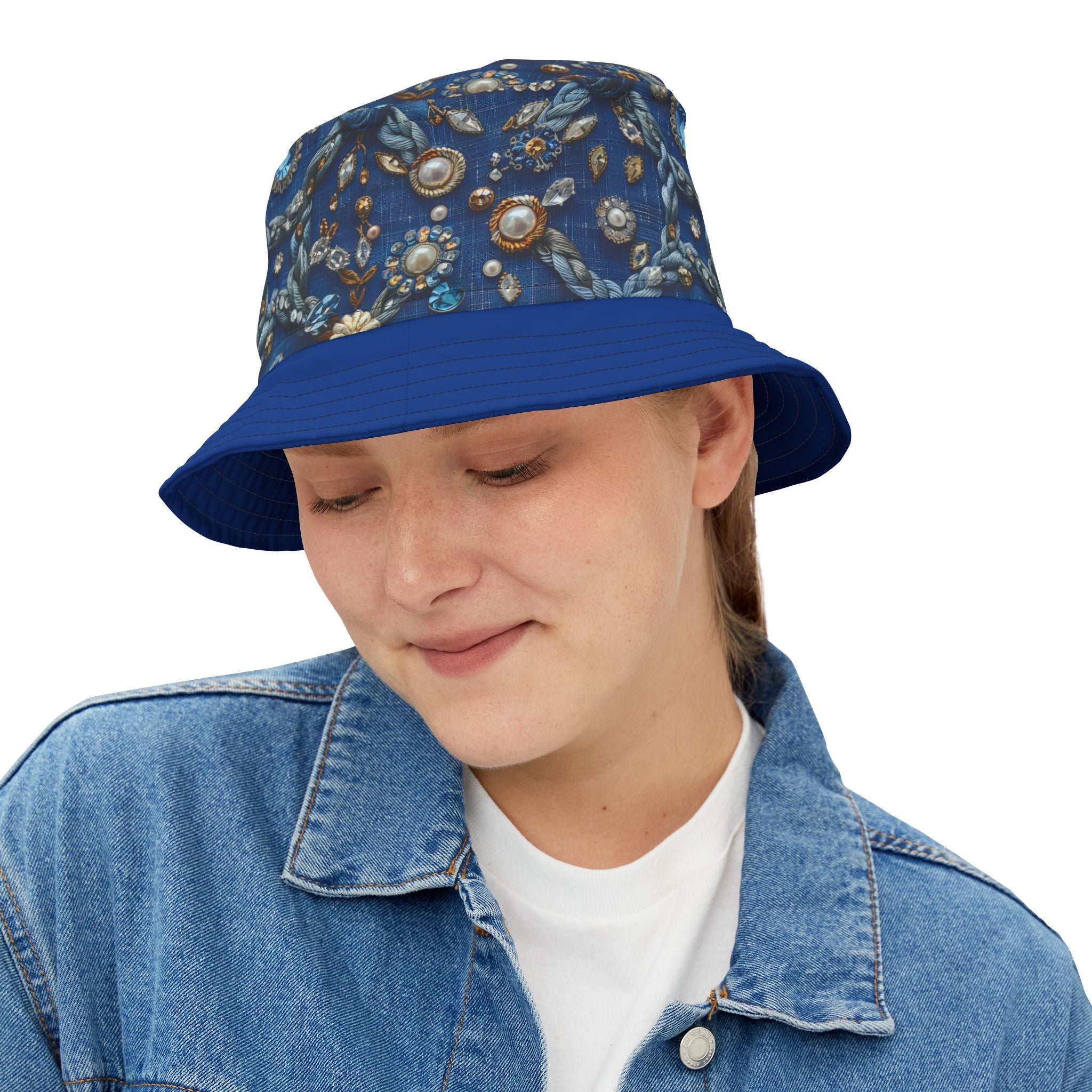 Blue Embellished Pattern Bucket Hat