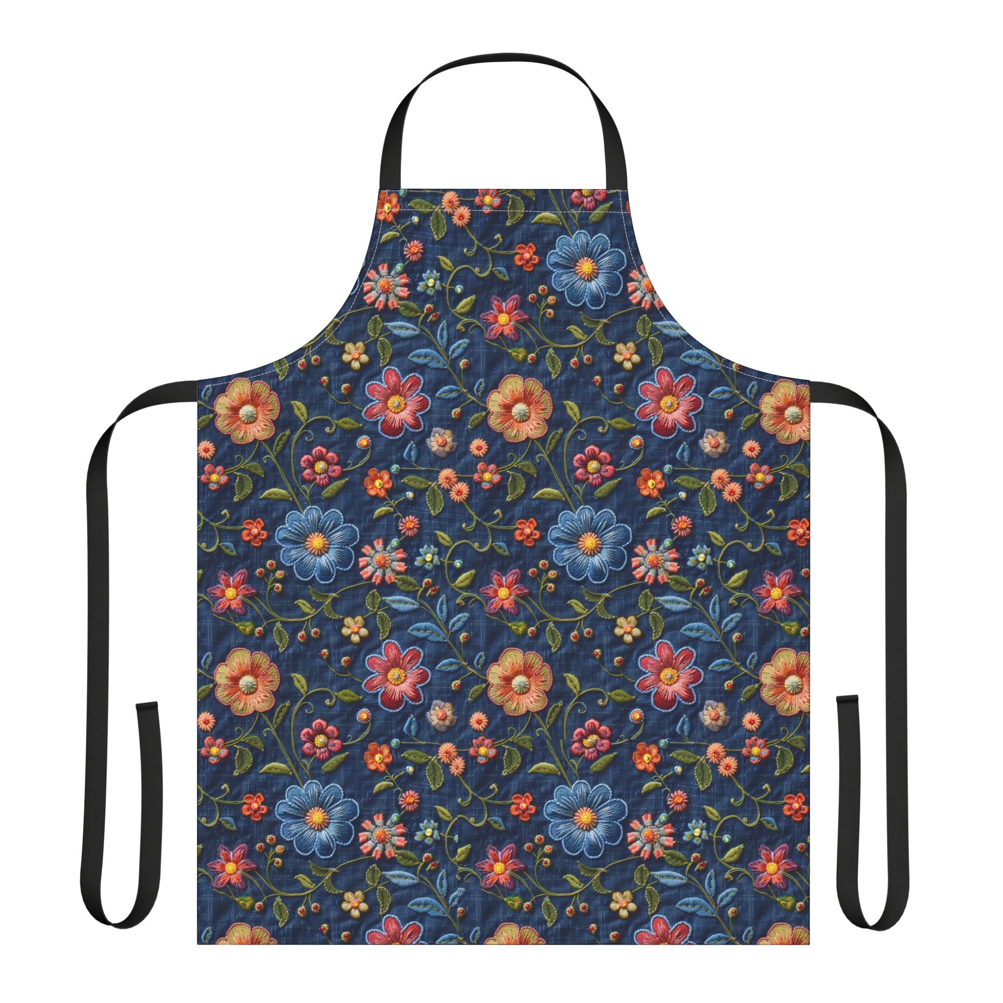 Floral patterned apron on a navy background
