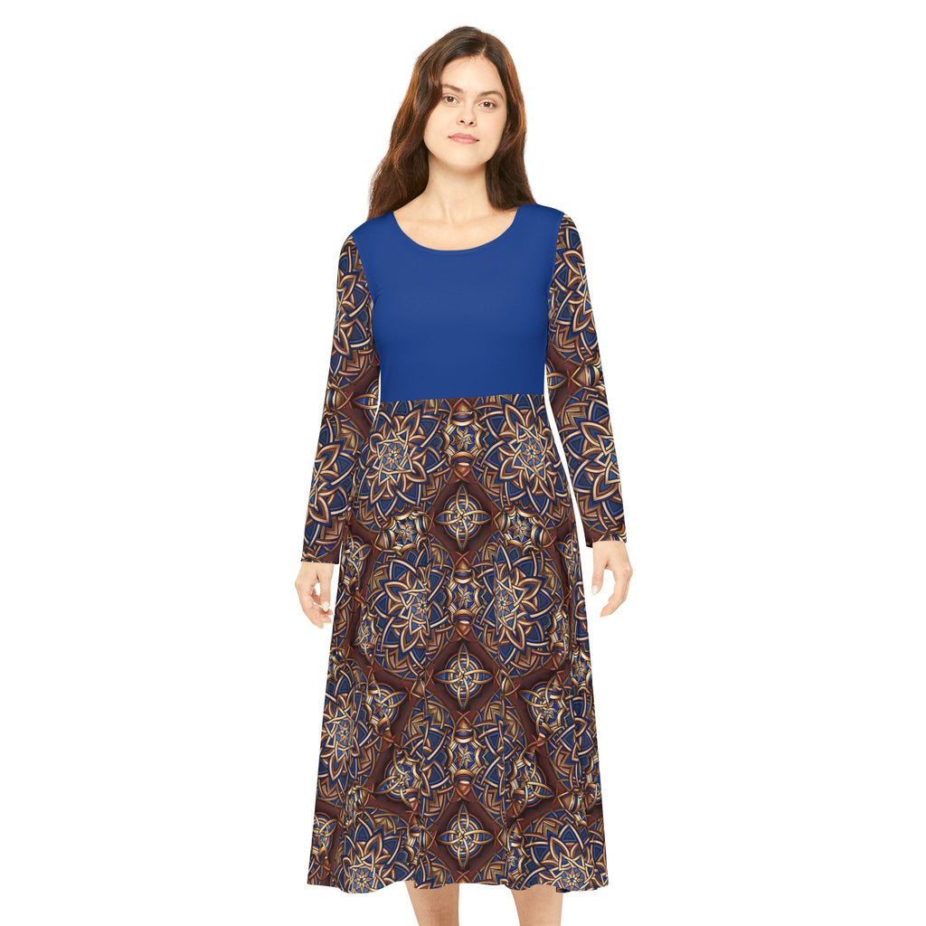  Blue dress with a Celtic patterned skirt on a white background