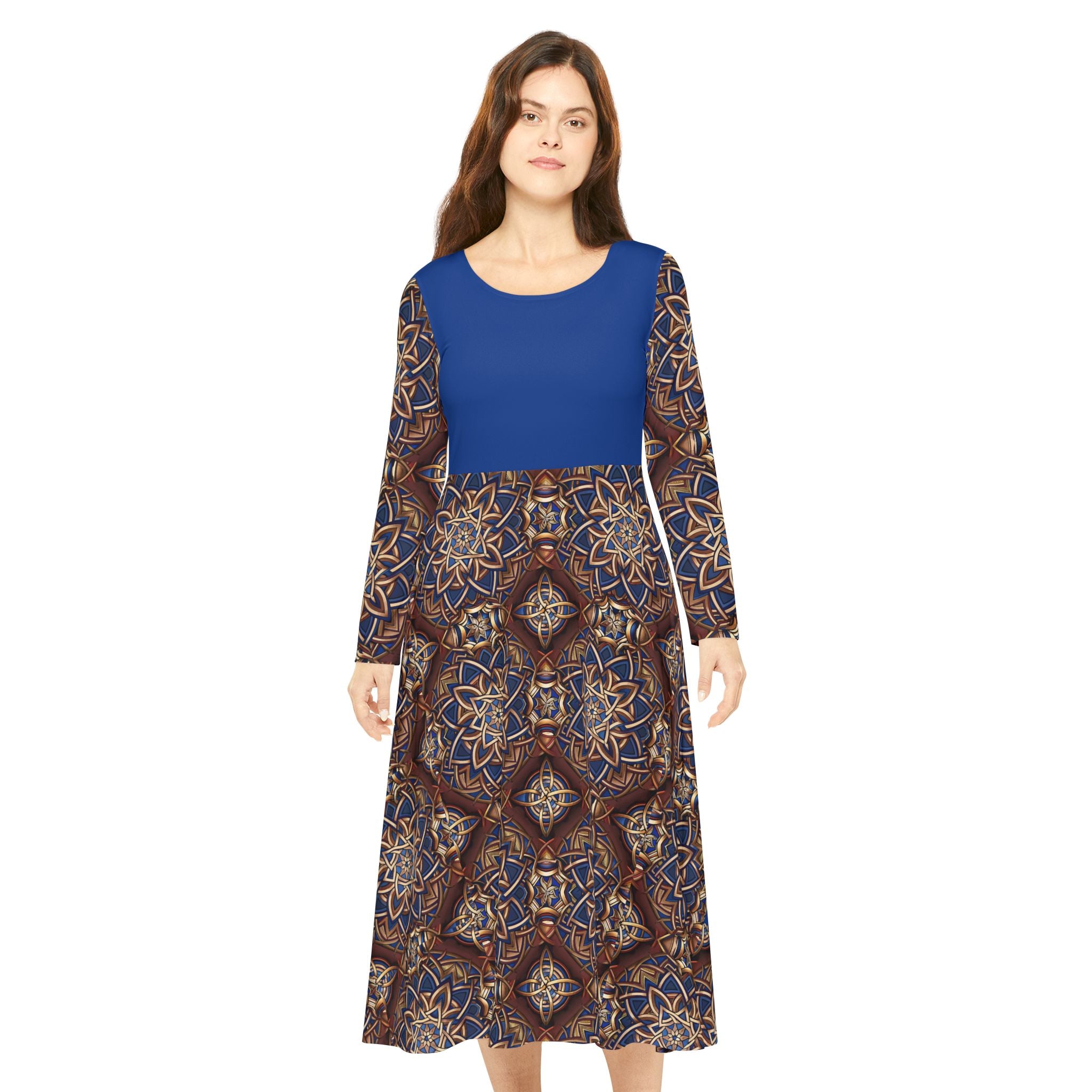  Blue dress with a Celtic patterned skirt on a white background