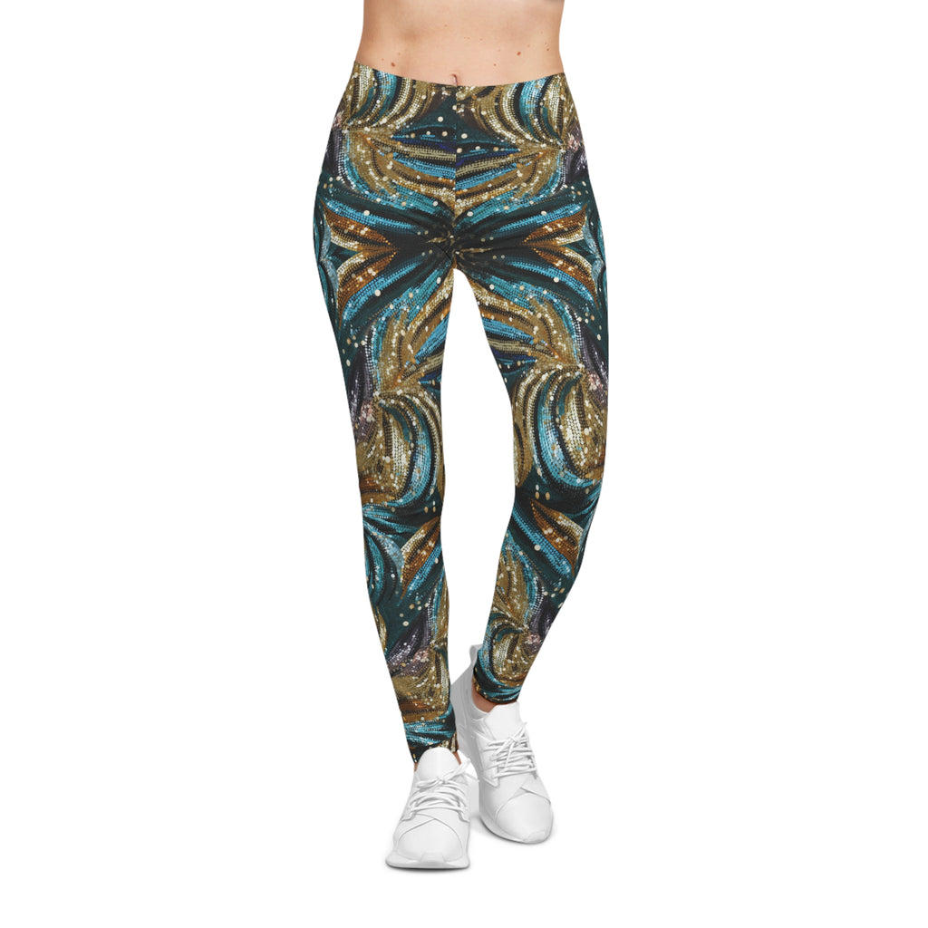 Leggings with a colorful abstract pattern worn by a person on a white background