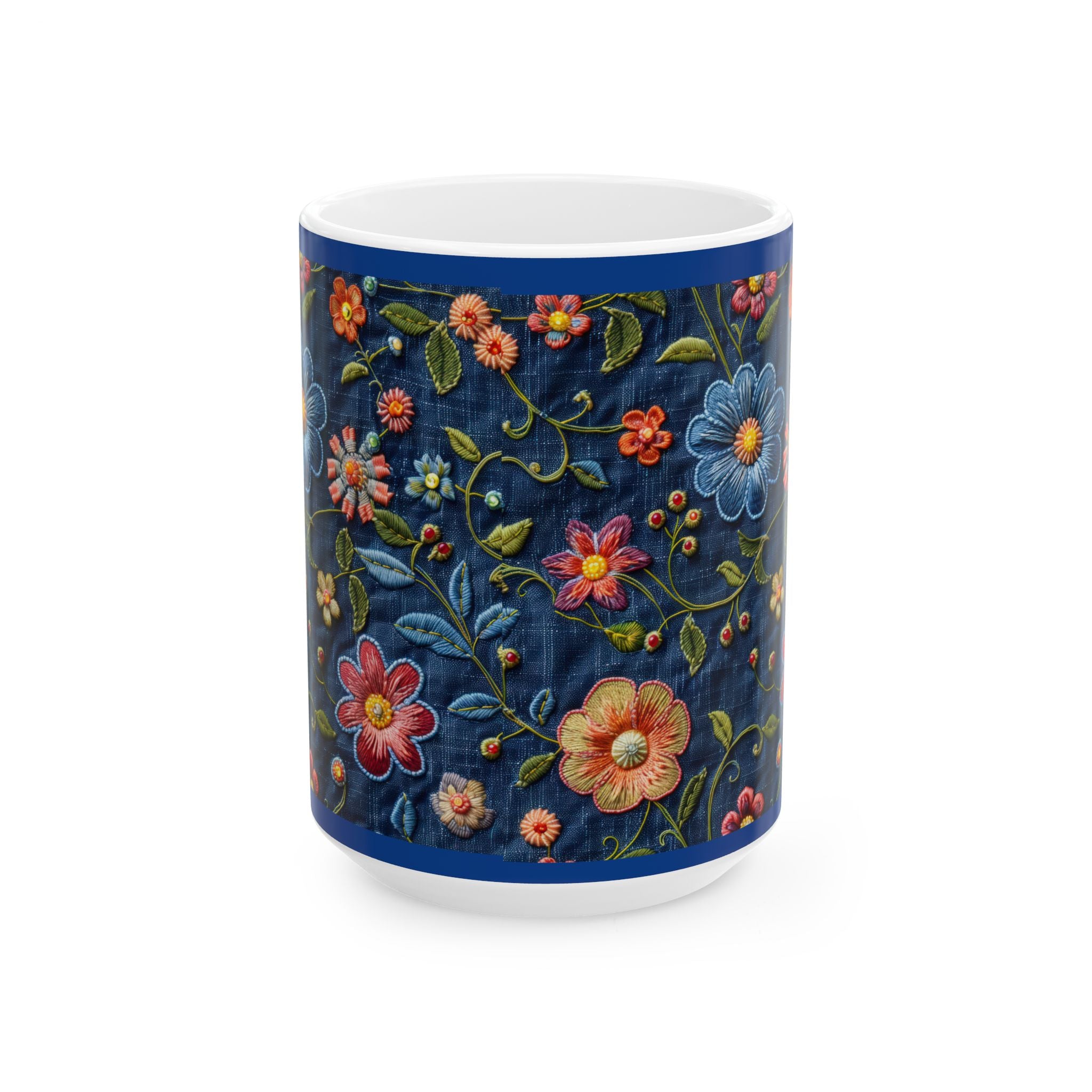 Mug with colorful floral design on a blue background