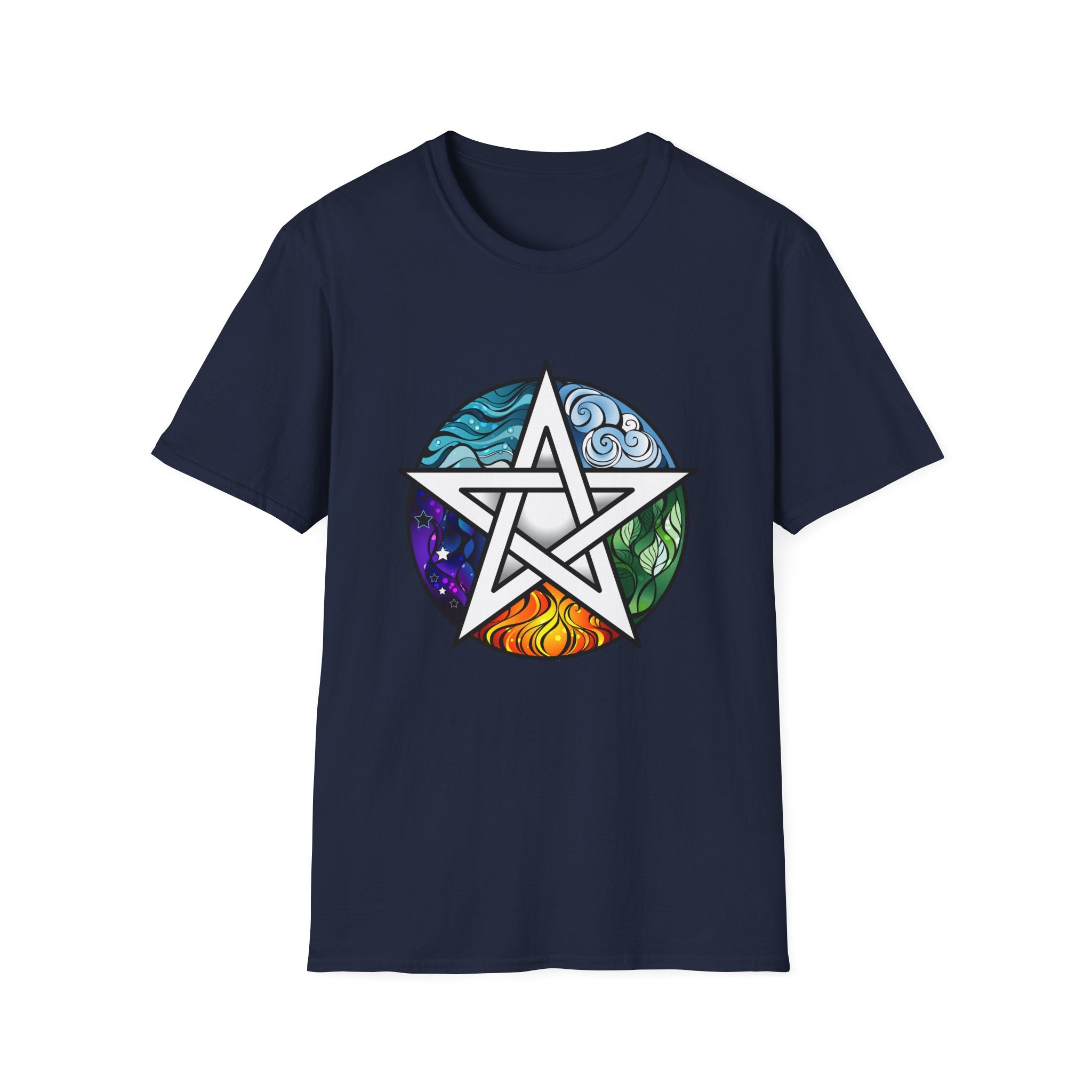 Navy blue t-shirt with a colorful pentacle design on a white background