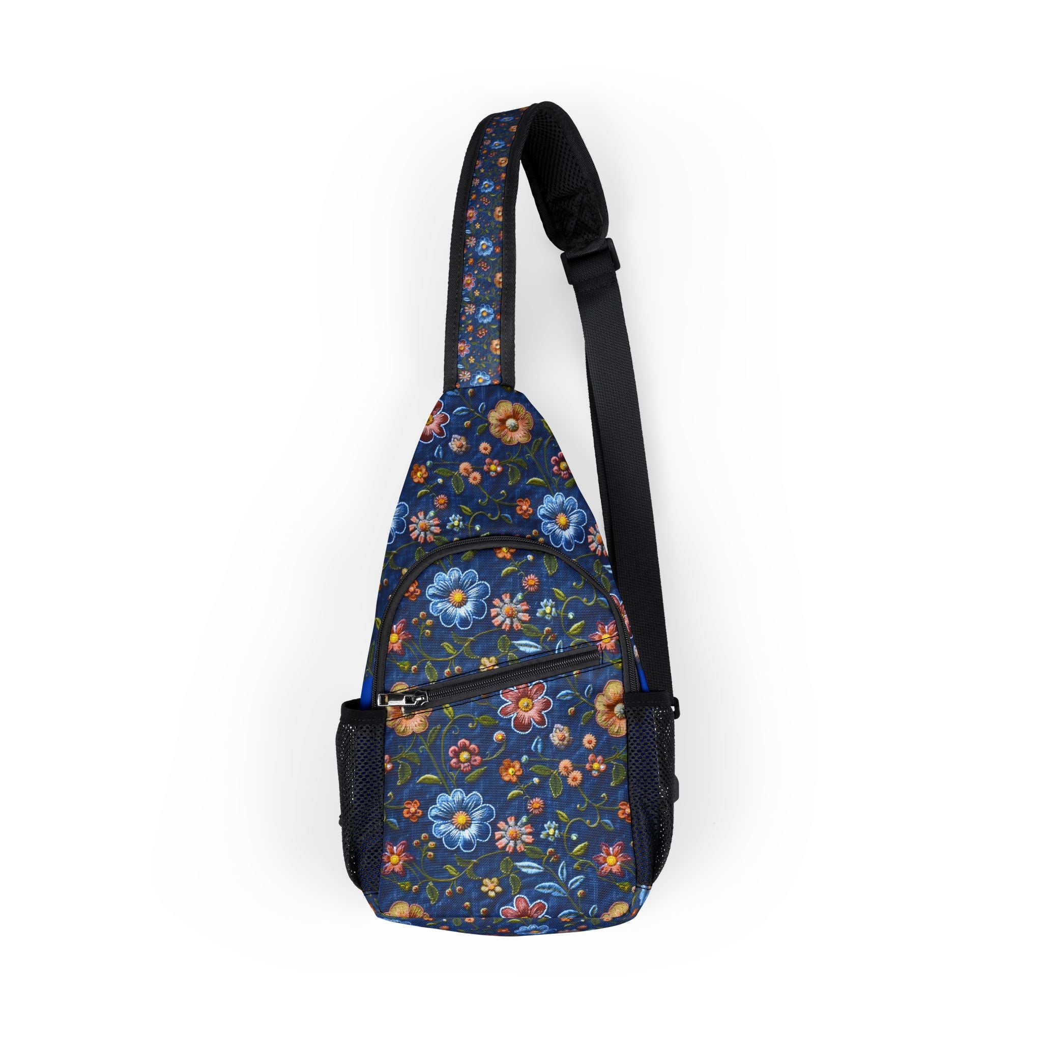 Floral Embroidered Look Chest Bag — Blue Wildflower Sling Pack