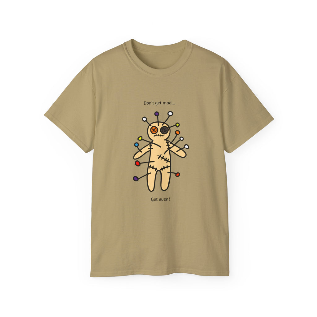 Dark biege t-shirt with a voodoo doll graphic and text 