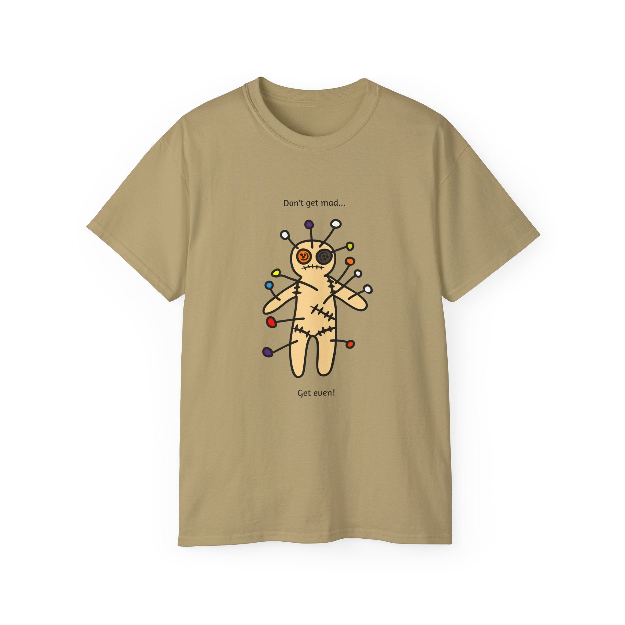 Dark biege t-shirt with a voodoo doll graphic and text 