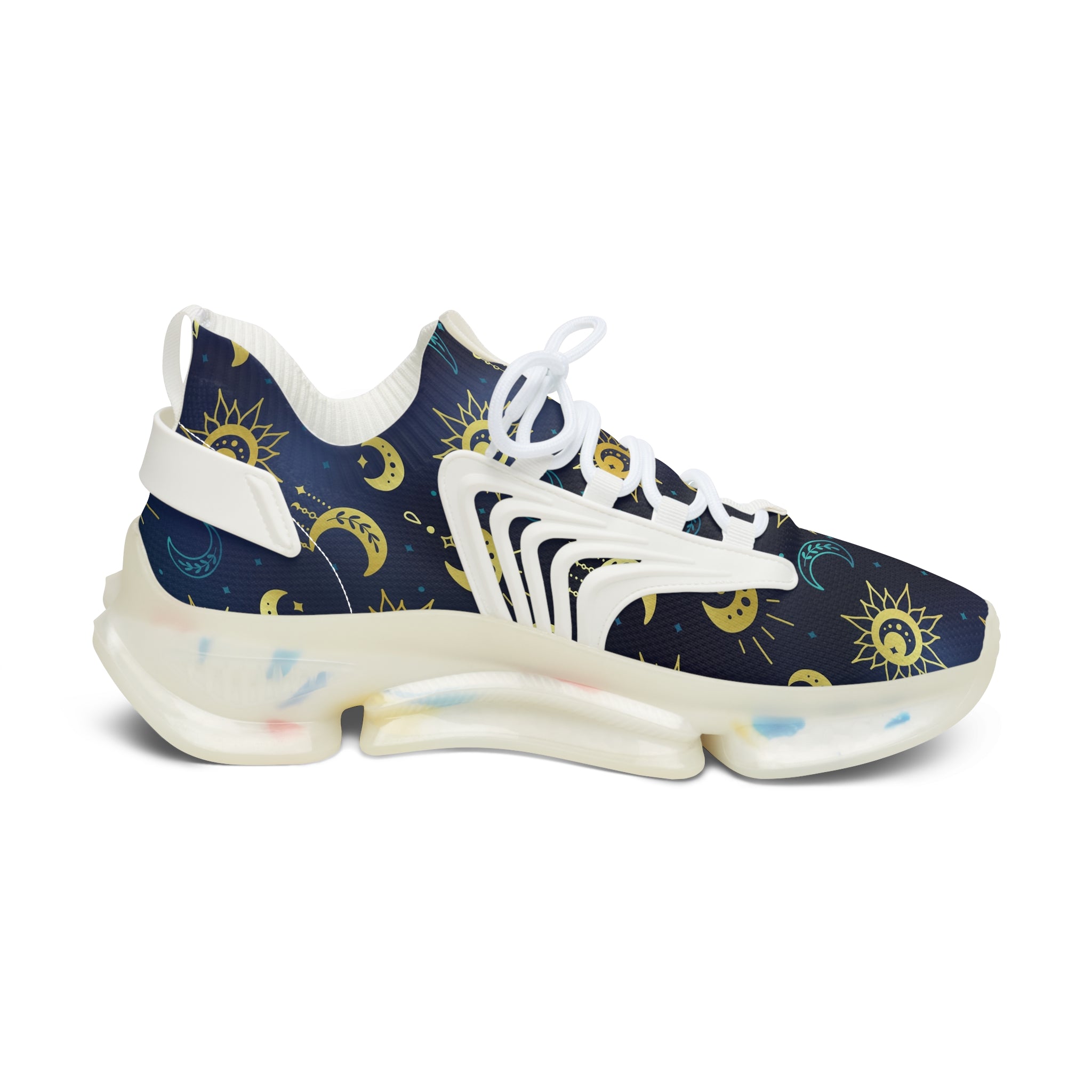side view of mesh sneakers with celestial print