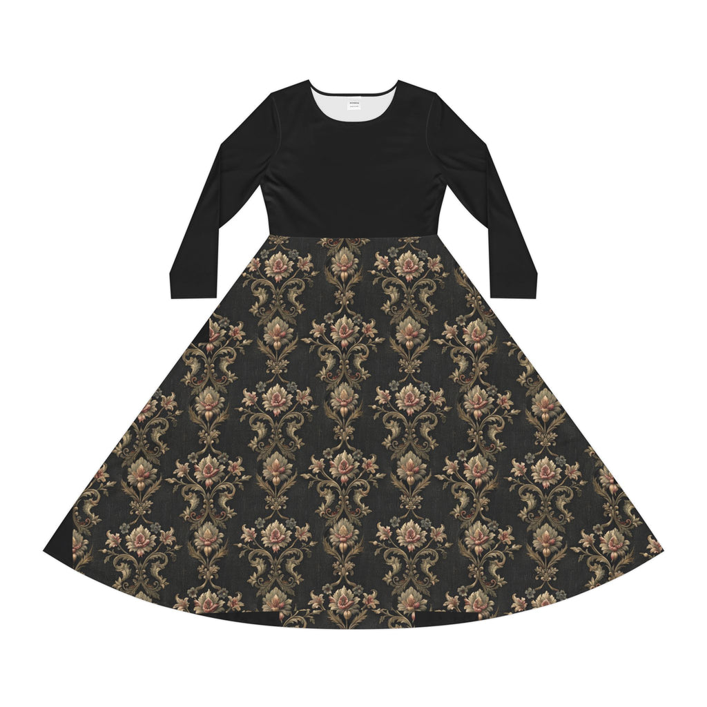 Black Victorian print dress on a white background