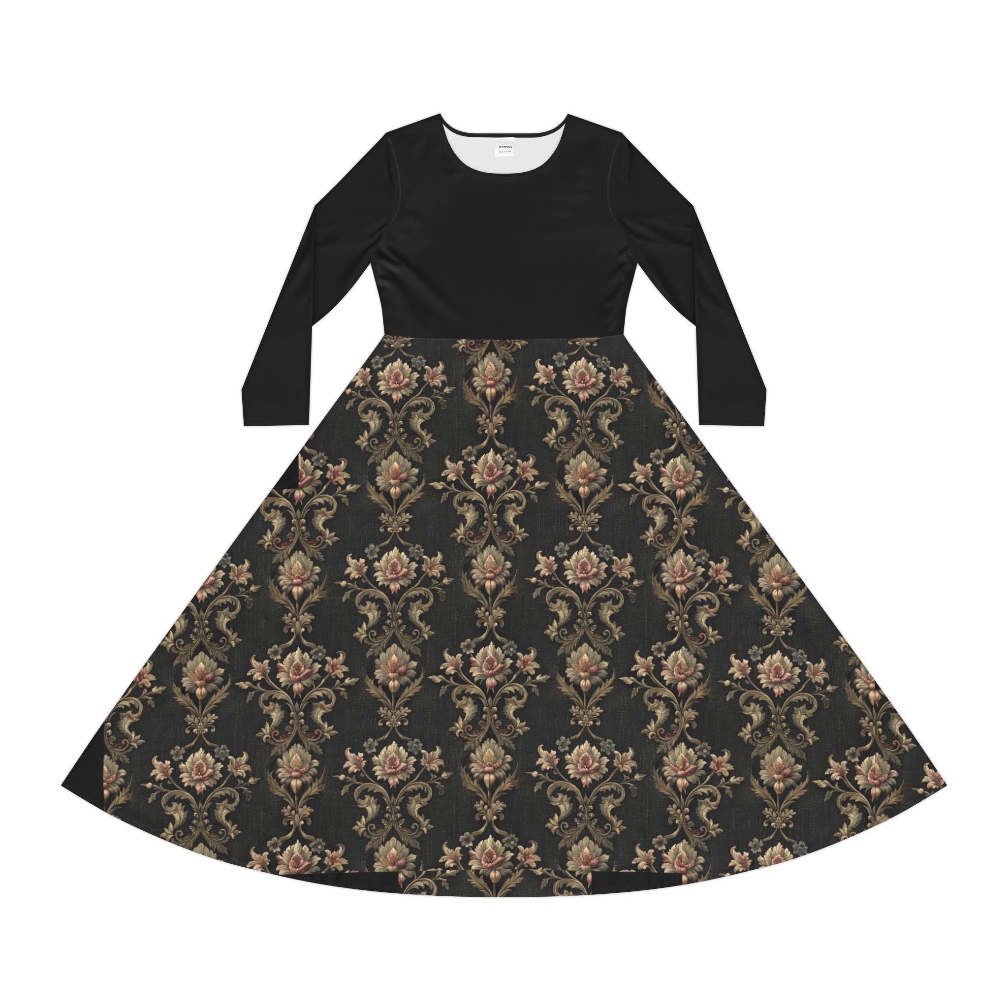 Black Victorian print dress on a white background