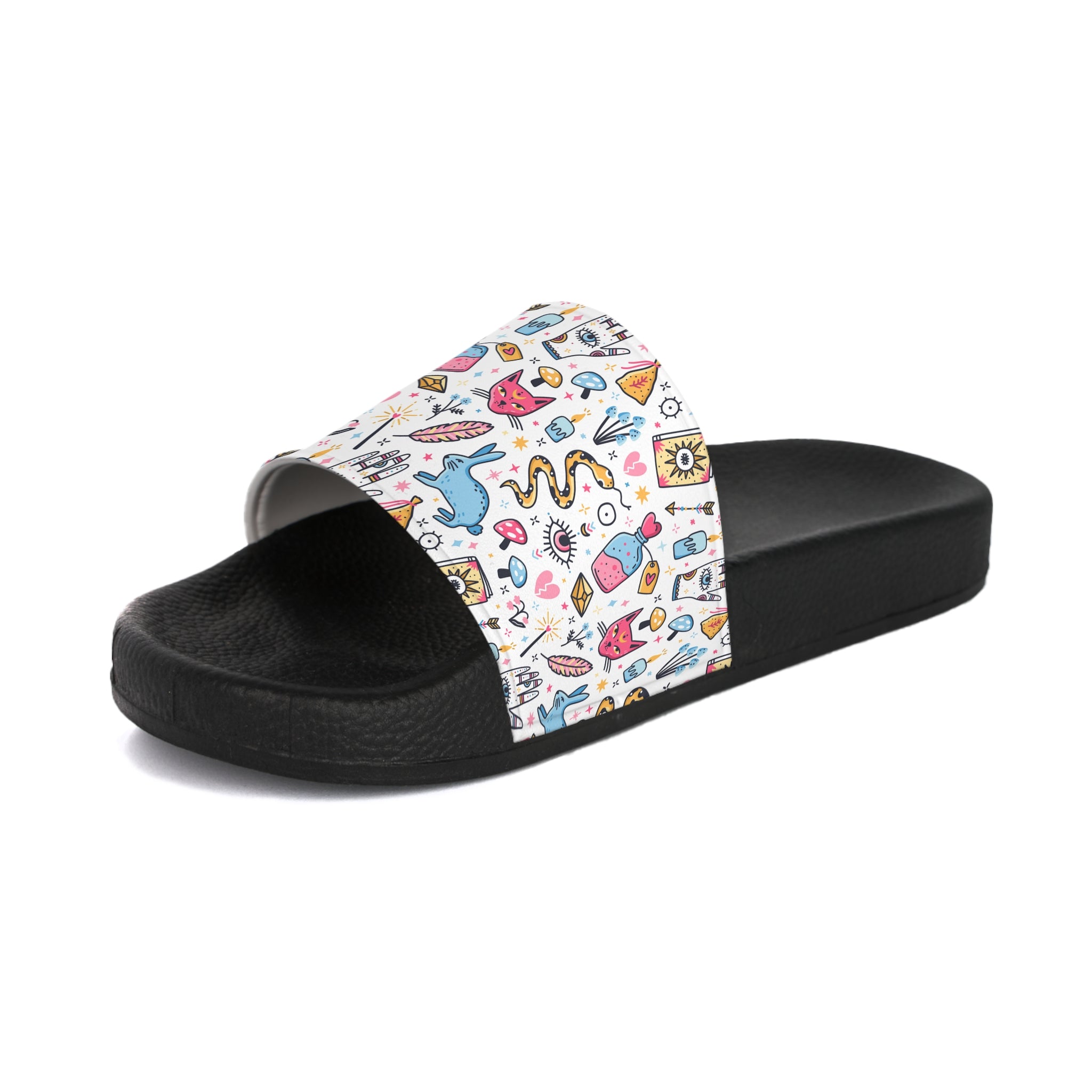 Black slide sandal with a colorful patterned strap on a white background