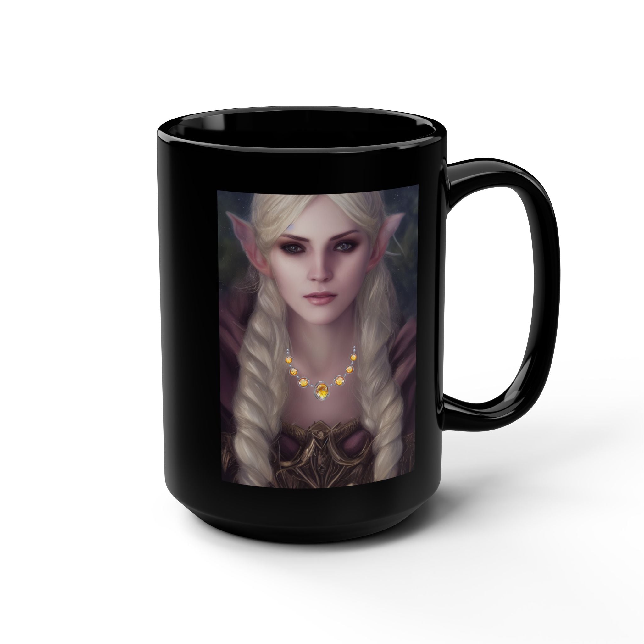 Black mug with an elf princess design