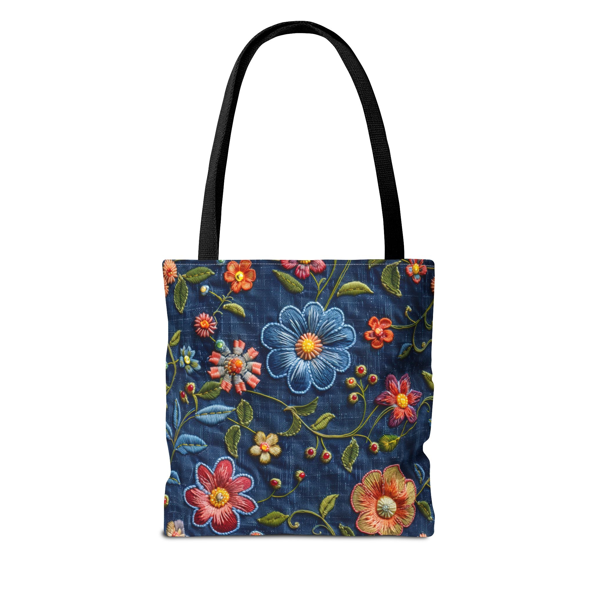Tote bag with floral embroidery on a blue background