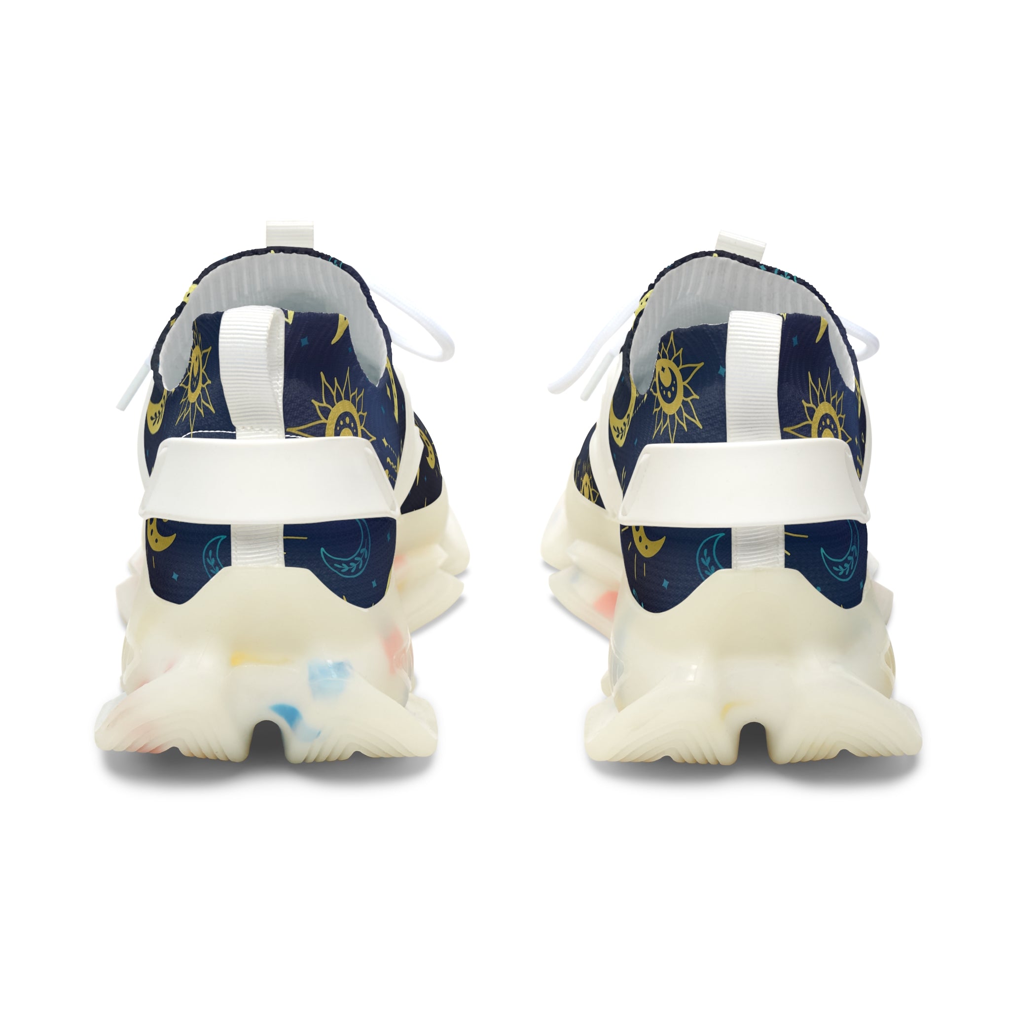 back view of mesh sneakers with celestial print