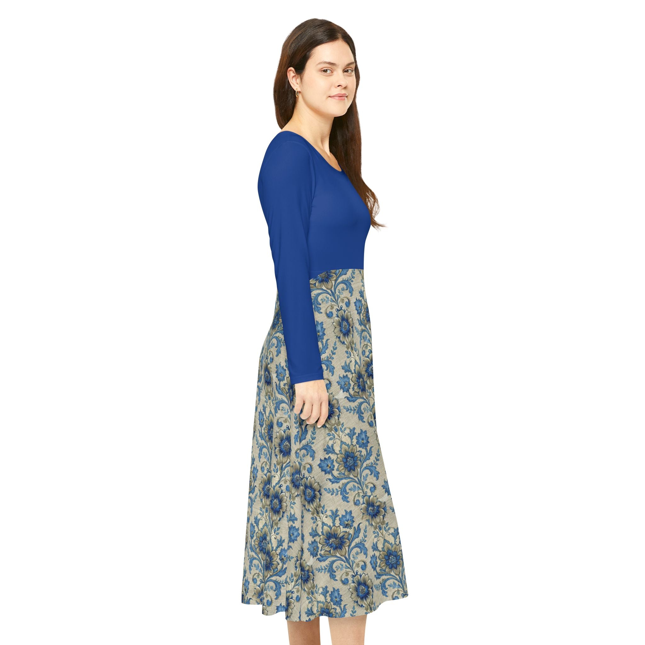 Model wearing a blue Victorian print dress on a white background