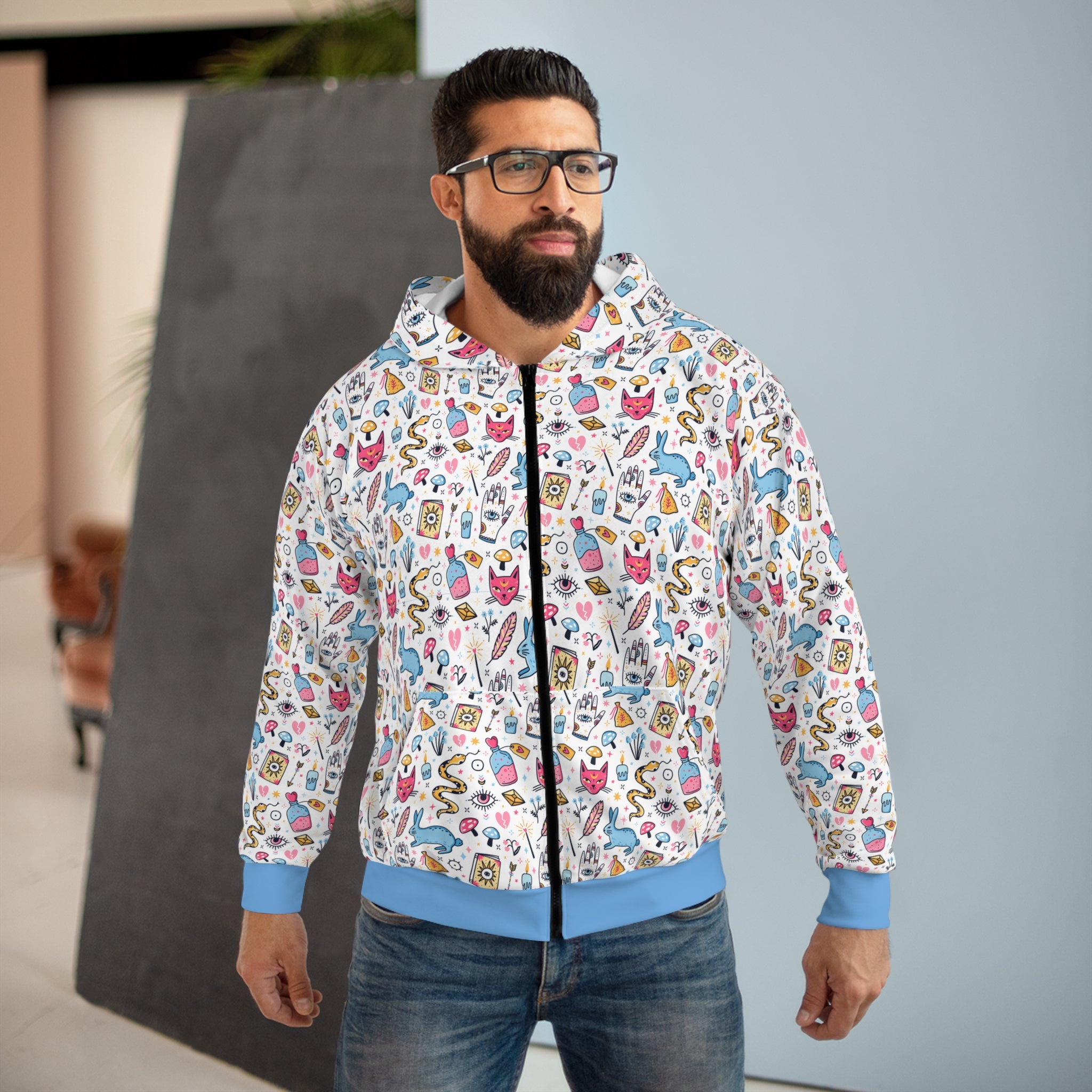 Bunny Magic Zip Hoodie — All-Over Print Cartoon Icons