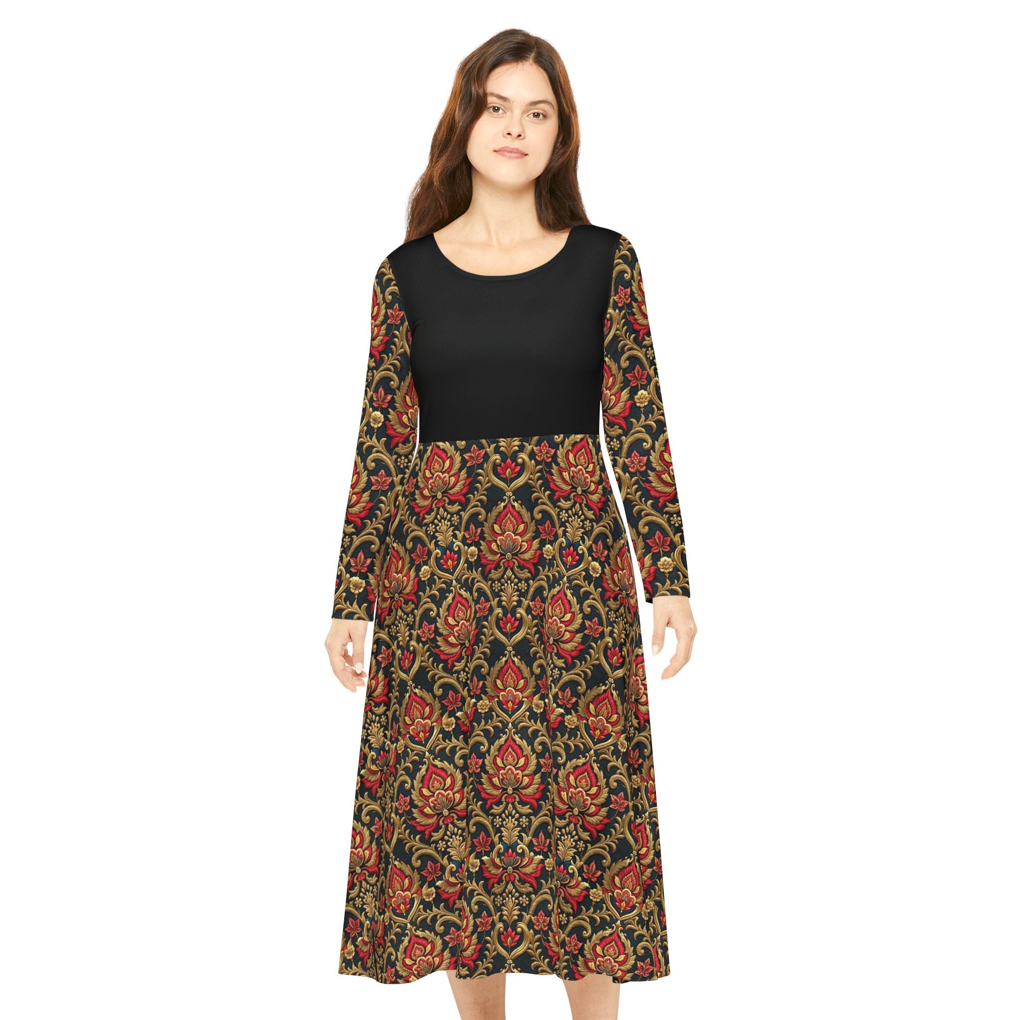 Model wearing a red Victorian print dress on a white background