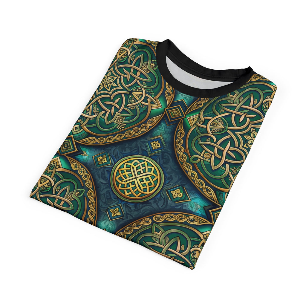 Folded T-shirt with a Celtic knot design on a white background