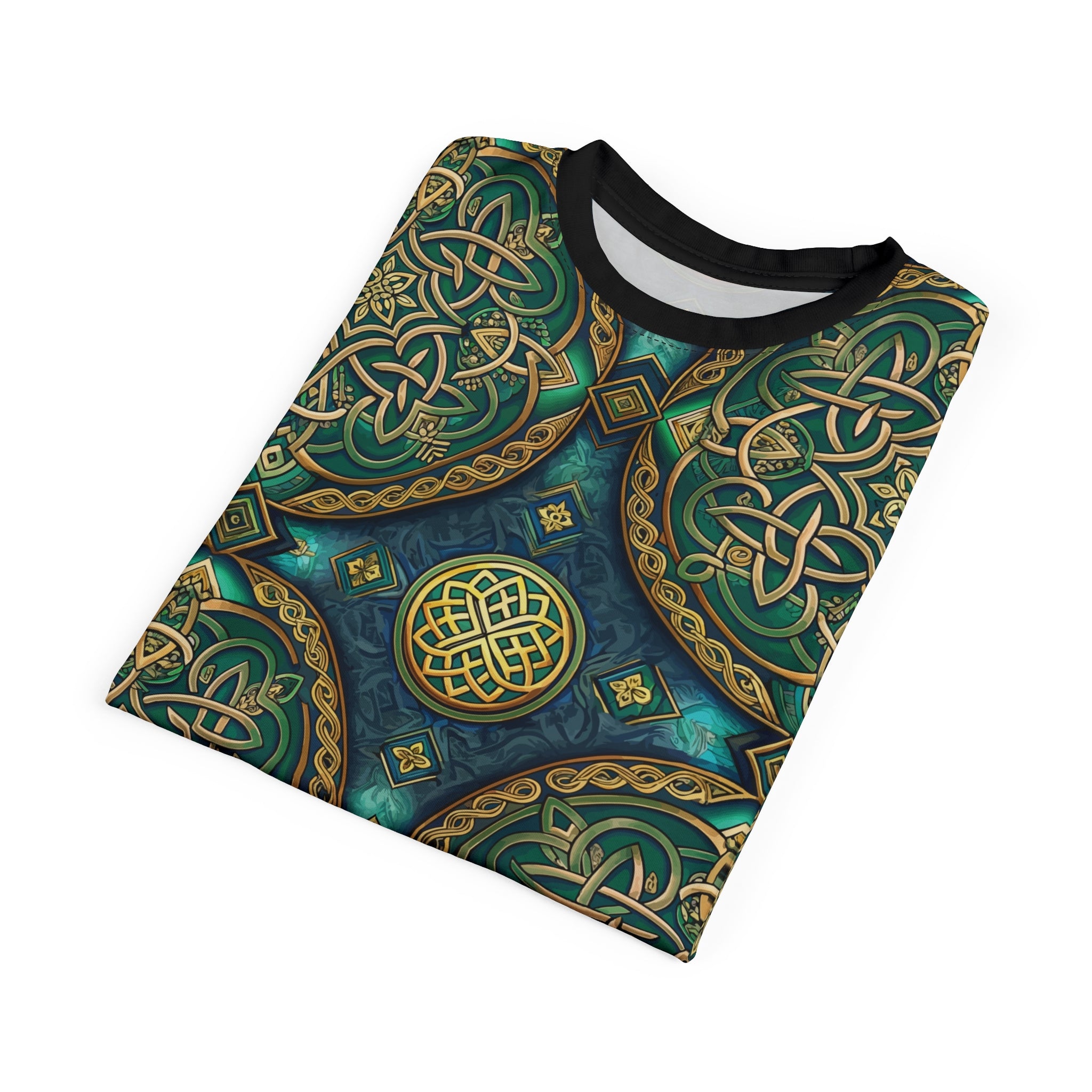 Folded T-shirt with a Celtic knot design on a white background