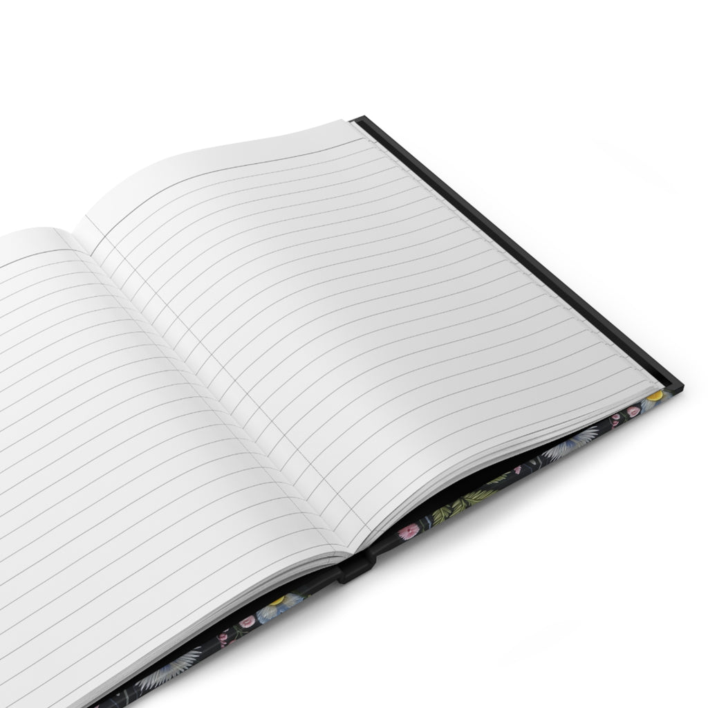 Open notebook with lined pages on a white background