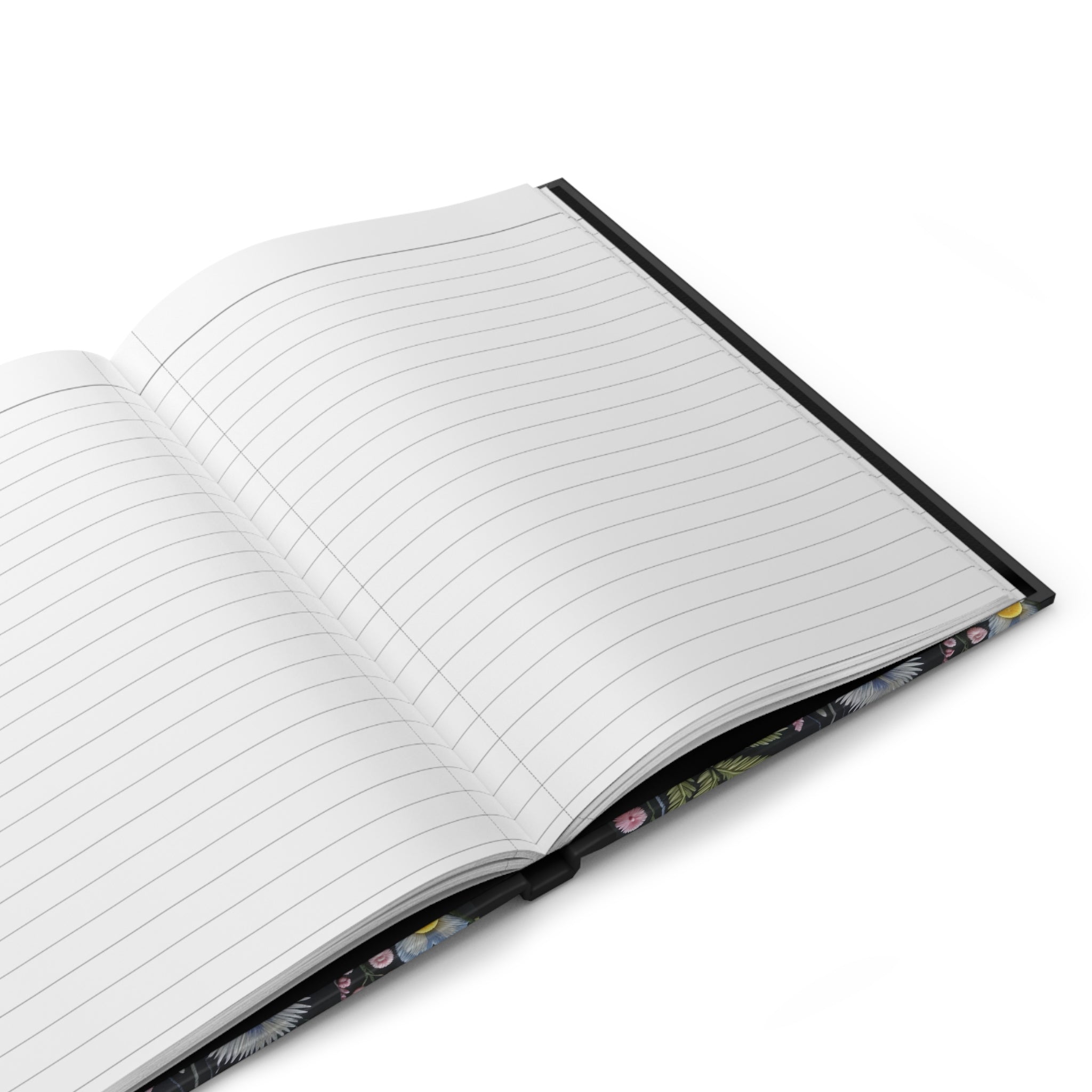 Open notebook with lined pages on a white background