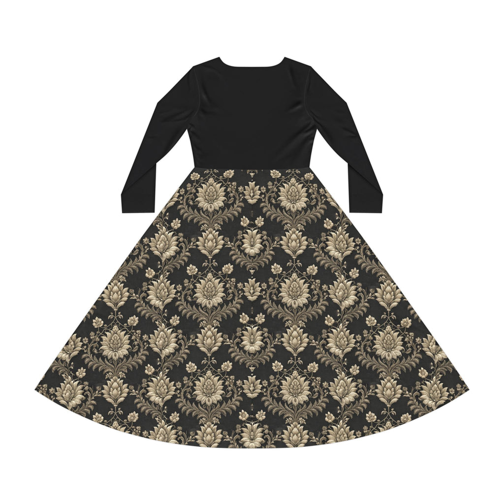 a black Victorian print dress on a white background