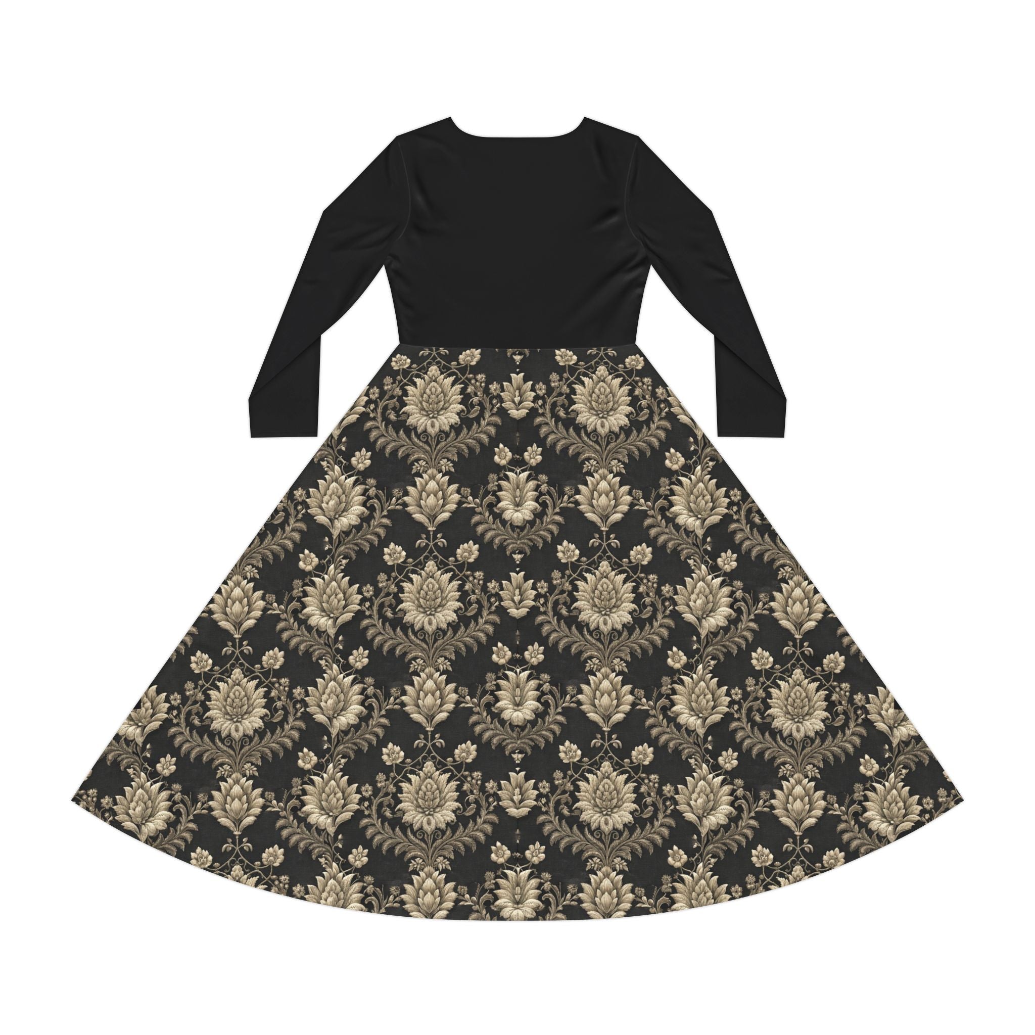 a black Victorian print dress on a white background