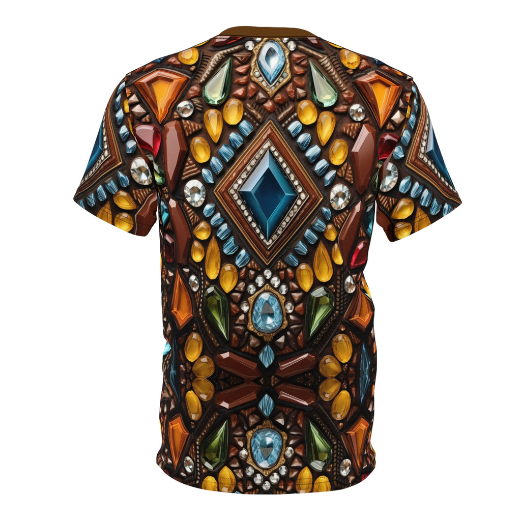 Faux jewel toned t-shirt on white background.