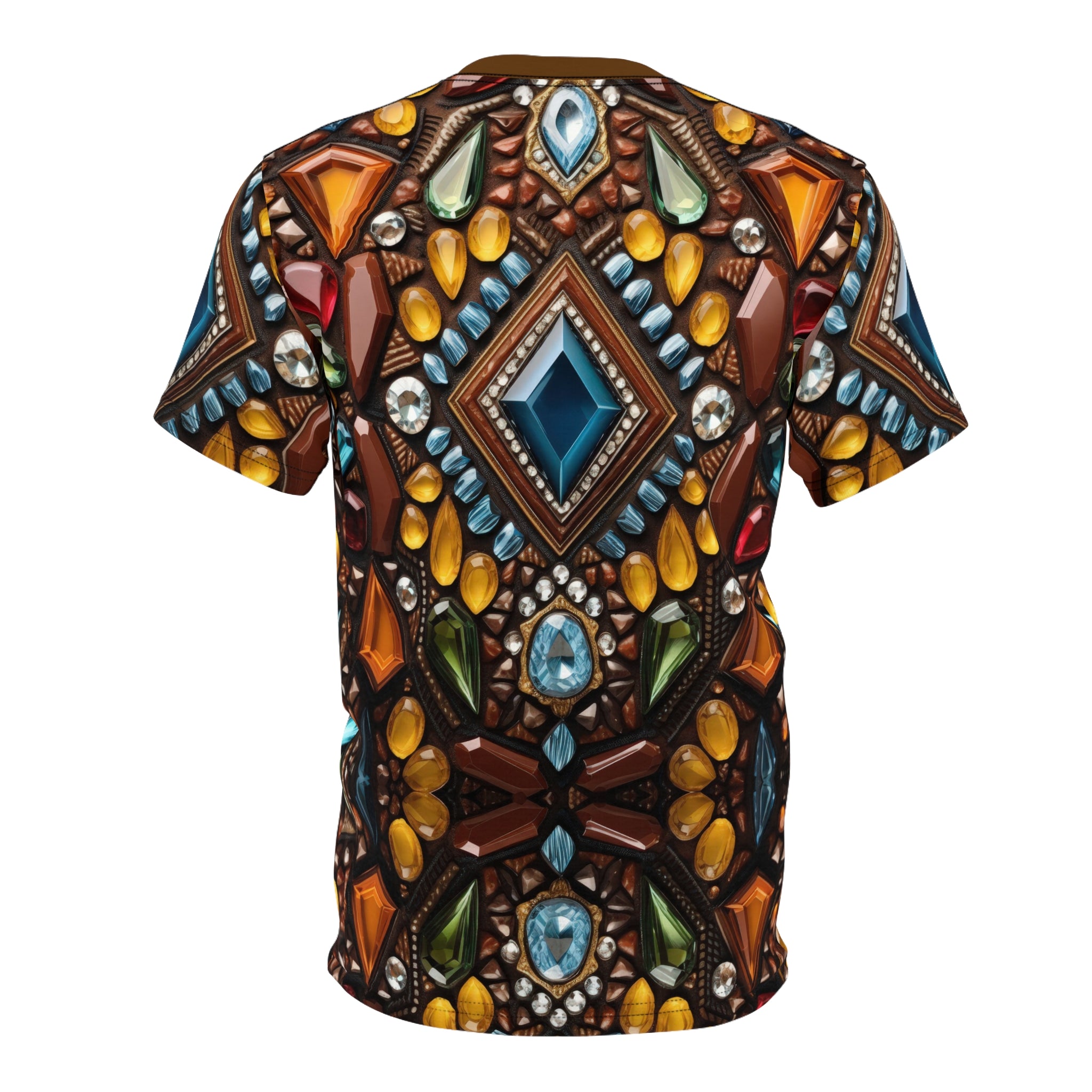 Faux jewel toned t-shirt on white background.