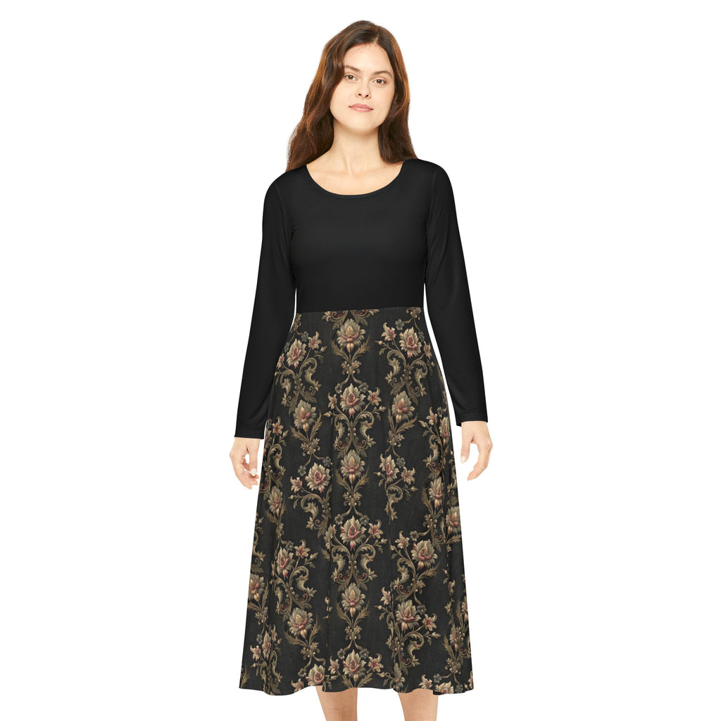 Model wearing a black Victorian print dress on a white background