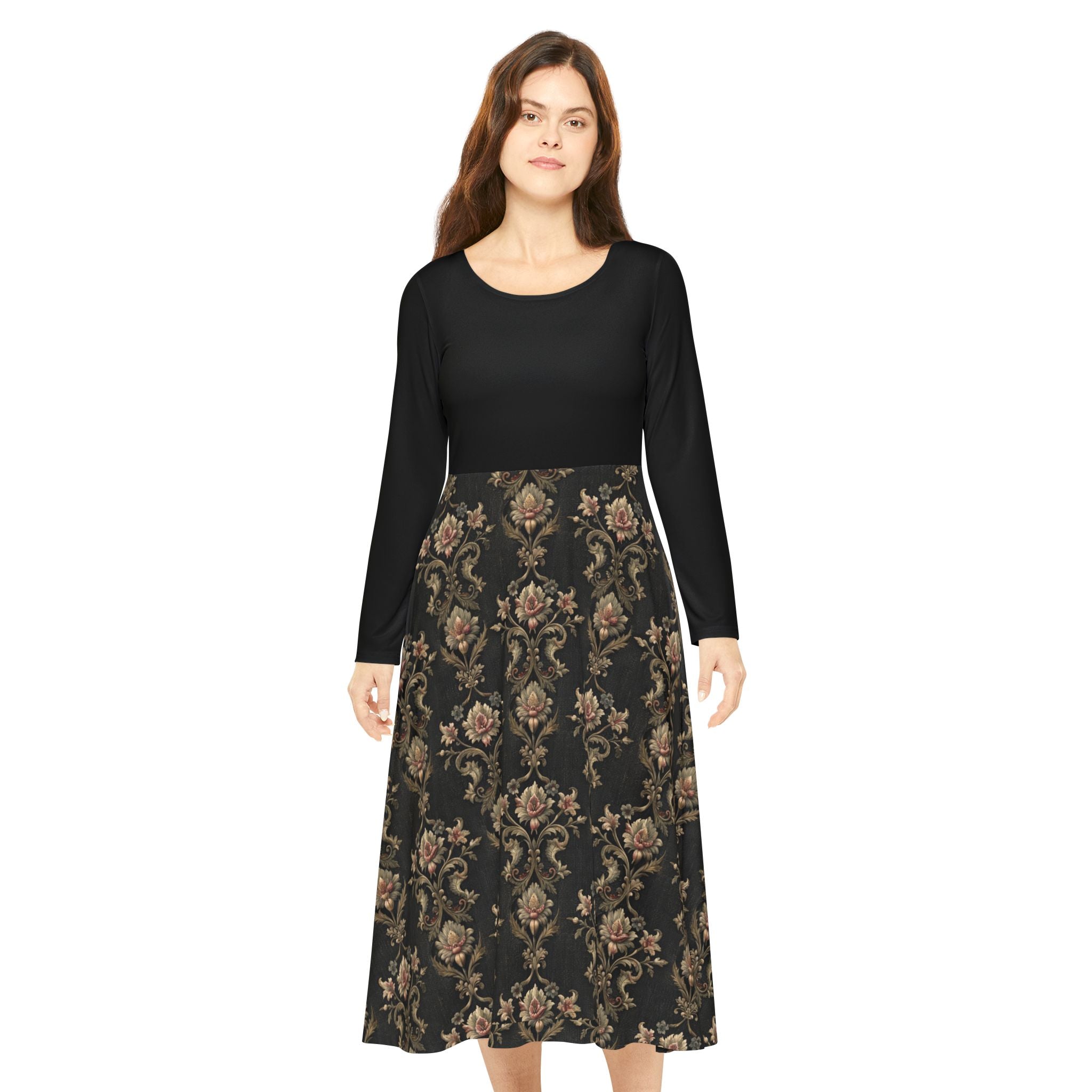 Model wearing a black Victorian print dress on a white background