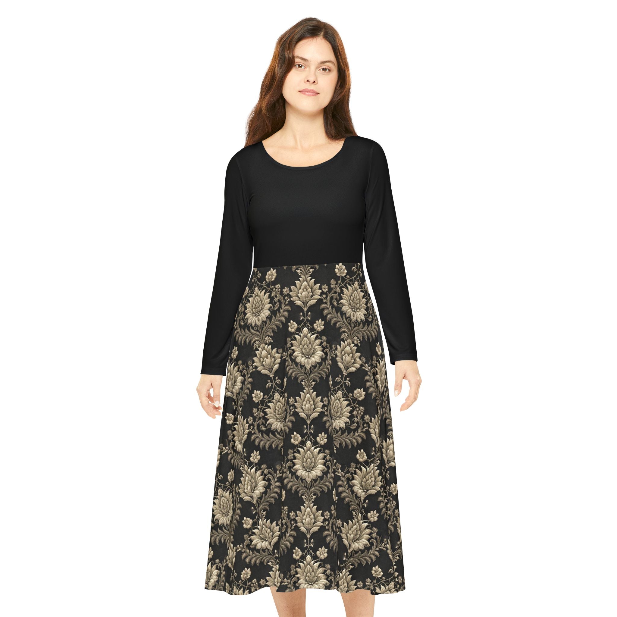 Model wearing a black Victorian print dress on a white background