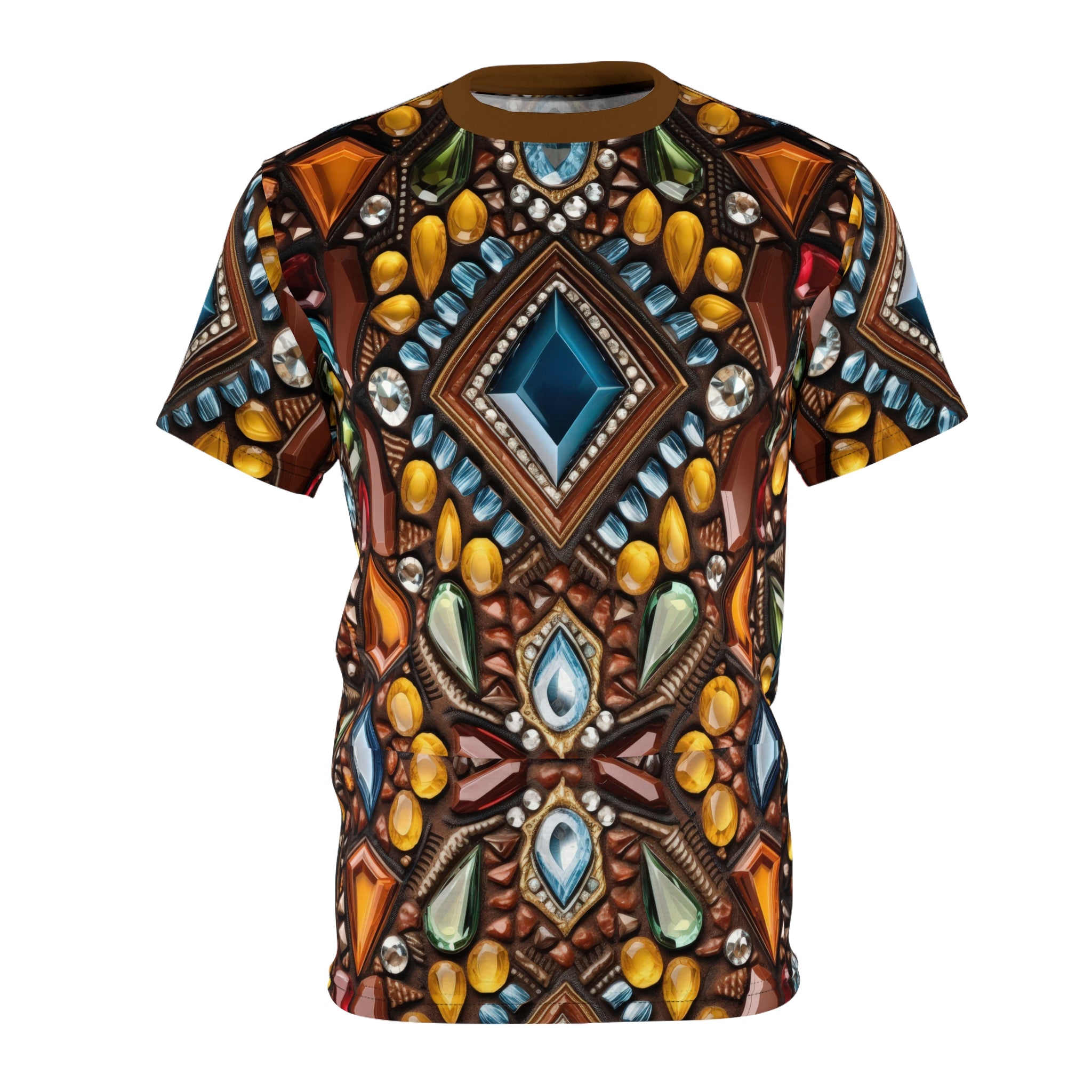 All-Over Print Gemstone Mosaic Tee — Boho Tribal Jewel Pattern Shirt