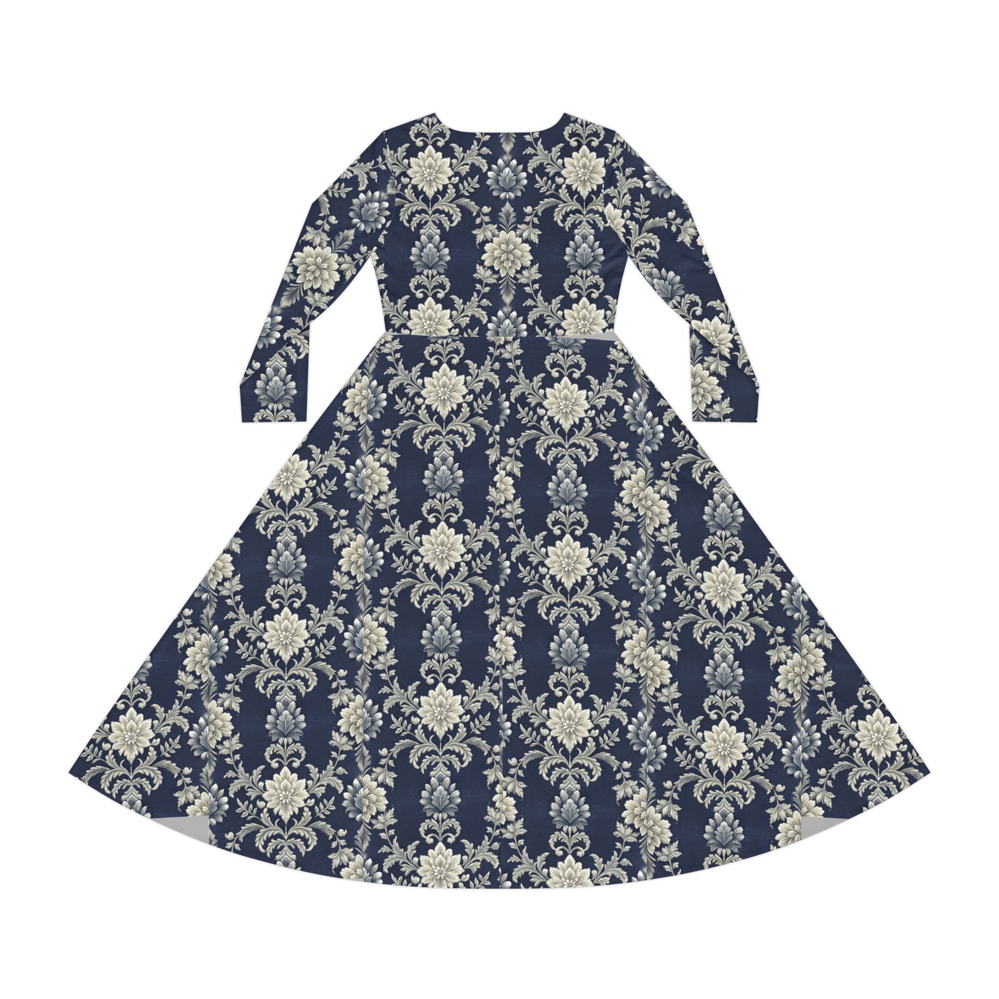 Blue Victorian print dress on a white background