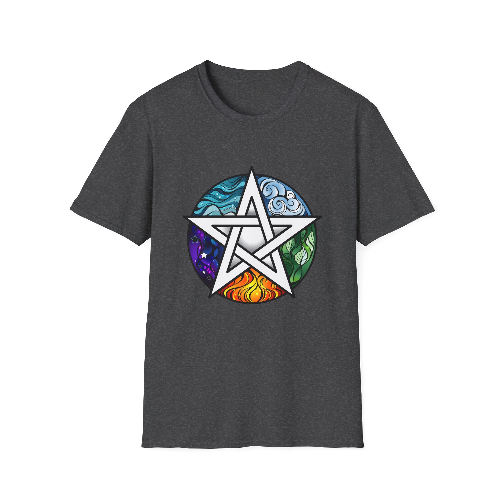 Dark gray t-shirt with a colorful pentacle design on a white background