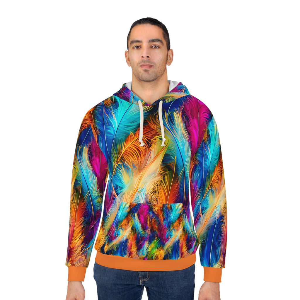 Featherburst All-Over Print Hoodie — Vibrant Multicolor Feather Design