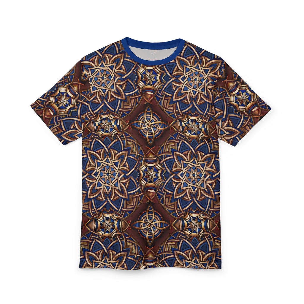 T-shirt with a Celtic pattern in blue and brown on a white background