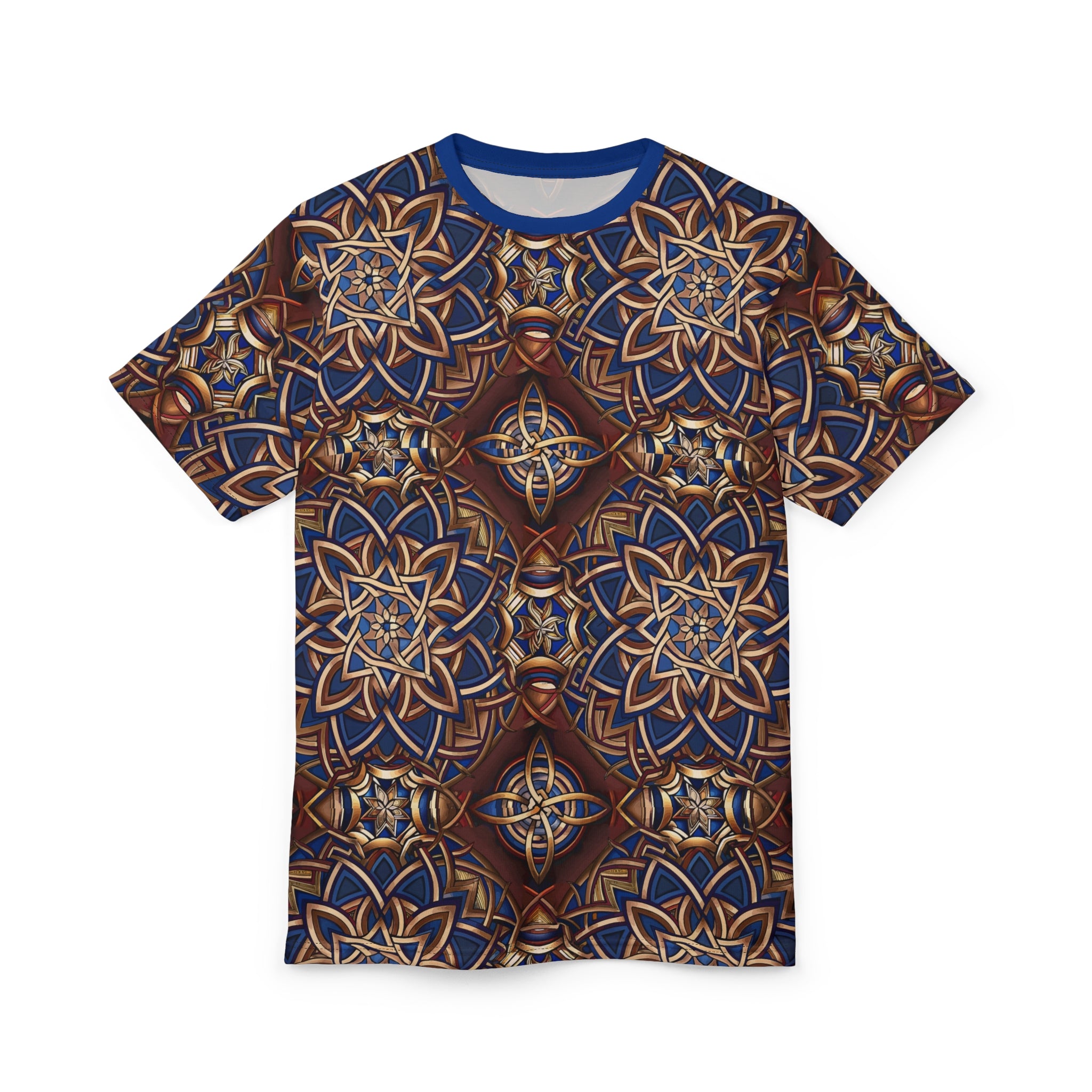 T-shirt with a Celtic pattern in blue and brown on a white background
