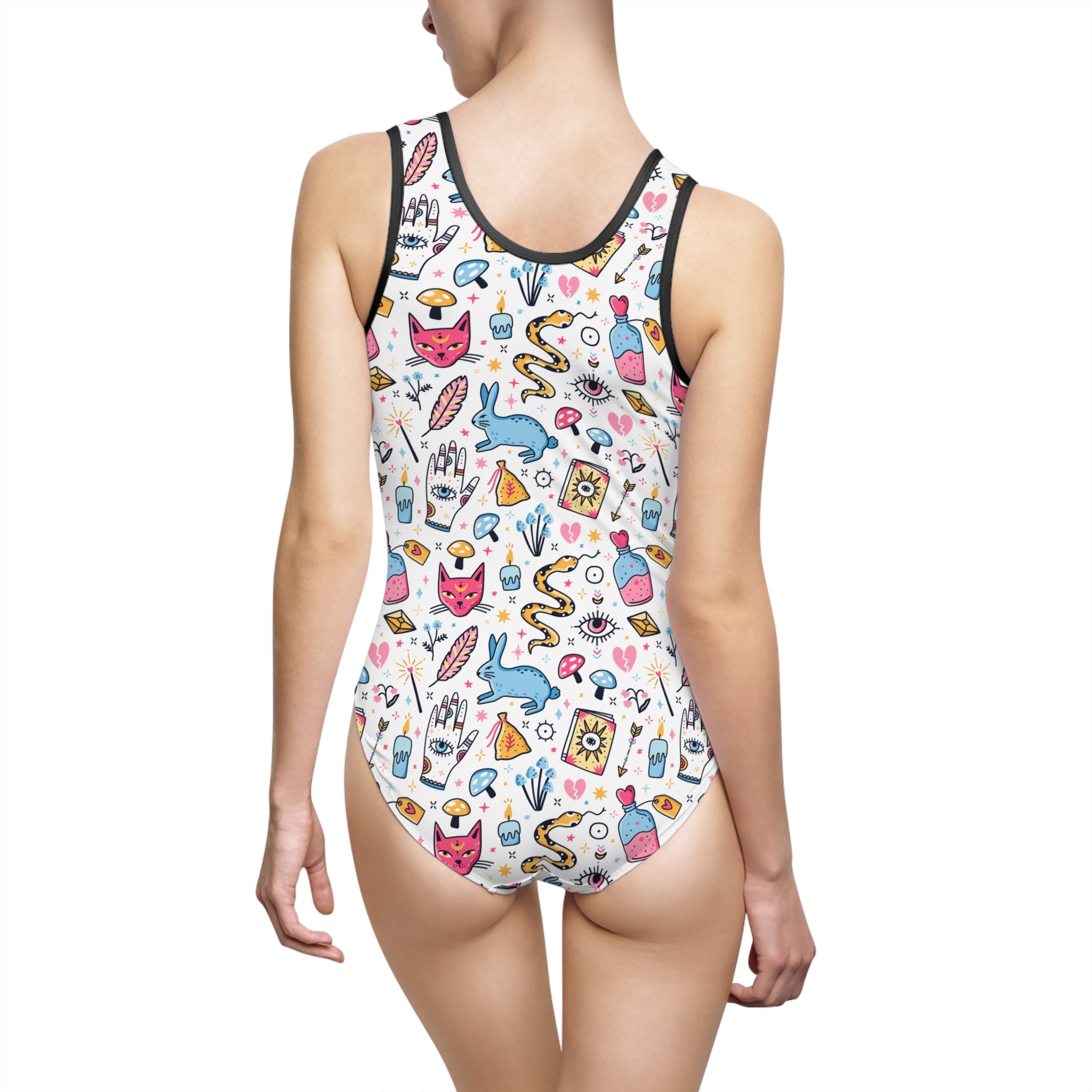 One-piece swimsuit with colorful graphic design on a white background