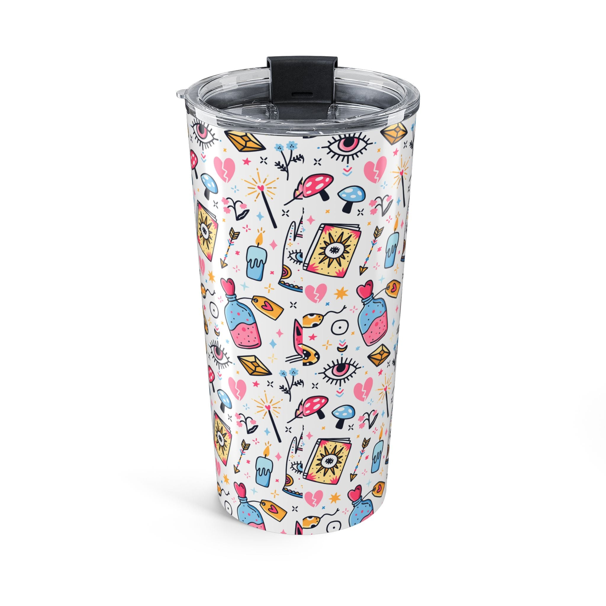 Tumbler with colorful tattoo-style design on a white background