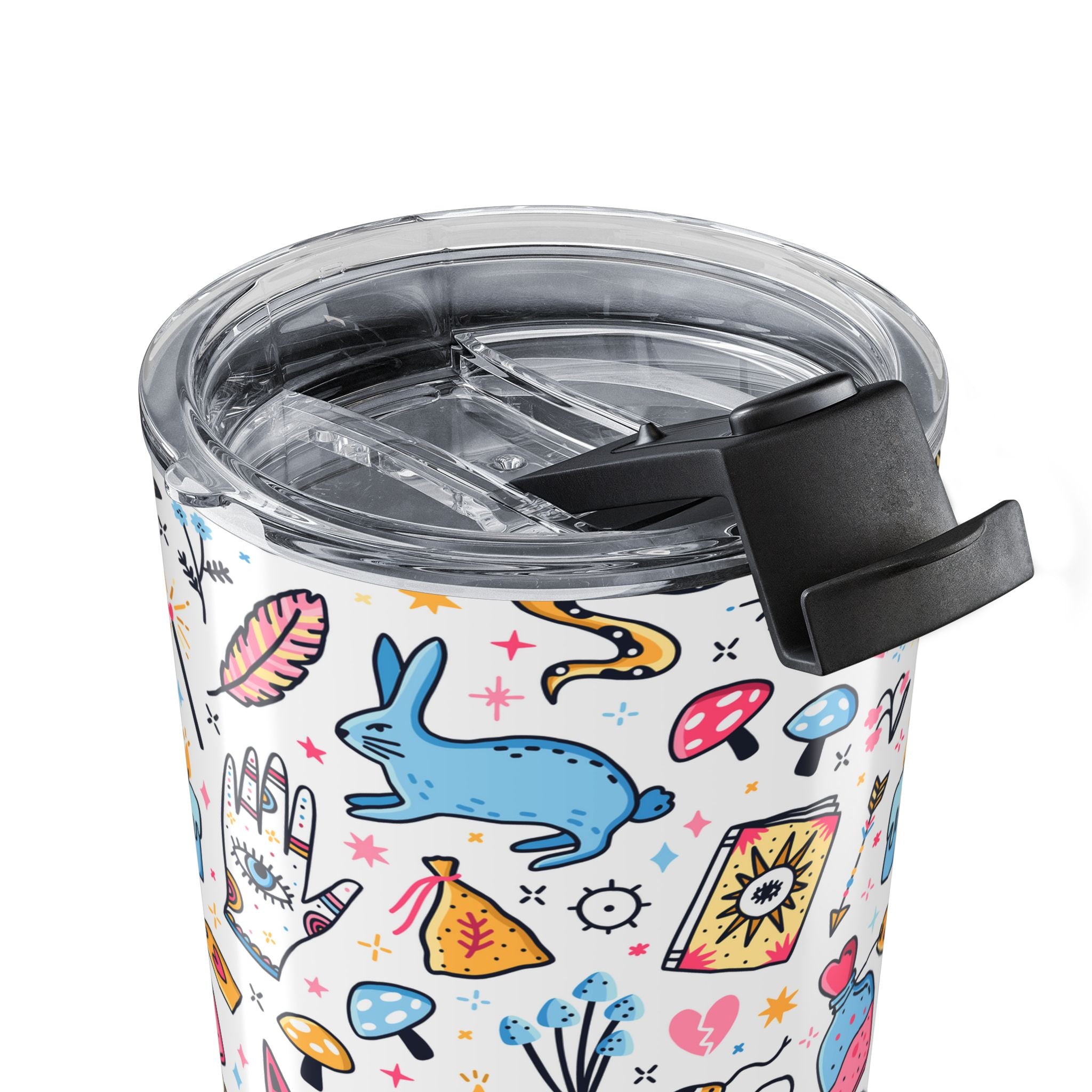 Close up of a Tumbler with colorful tattoo-style design on a white background